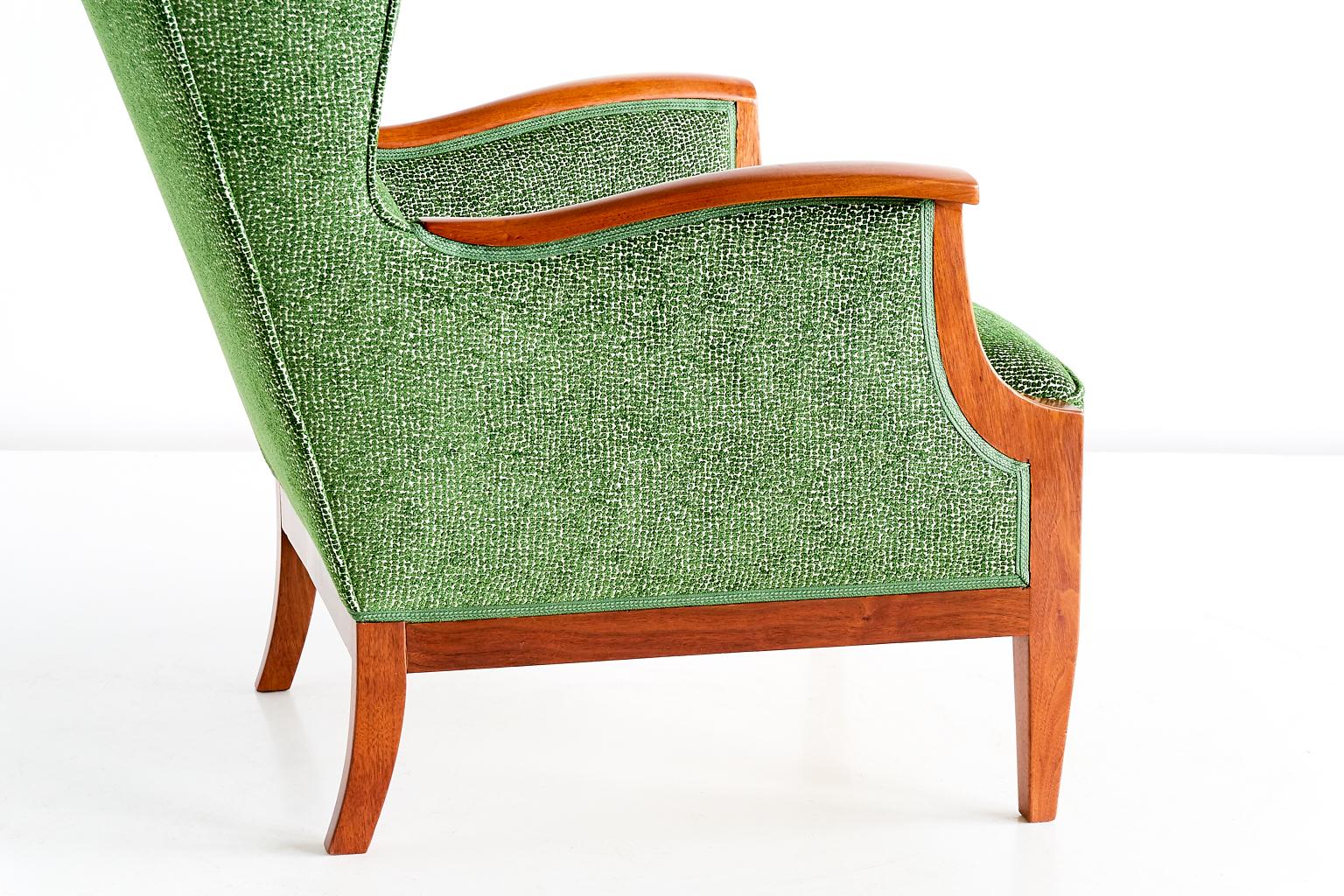 Scandinavian Modern Frits Henningsen Wingback Chair in Walnut and Green Rubelli Fabric, 1930s For Sale