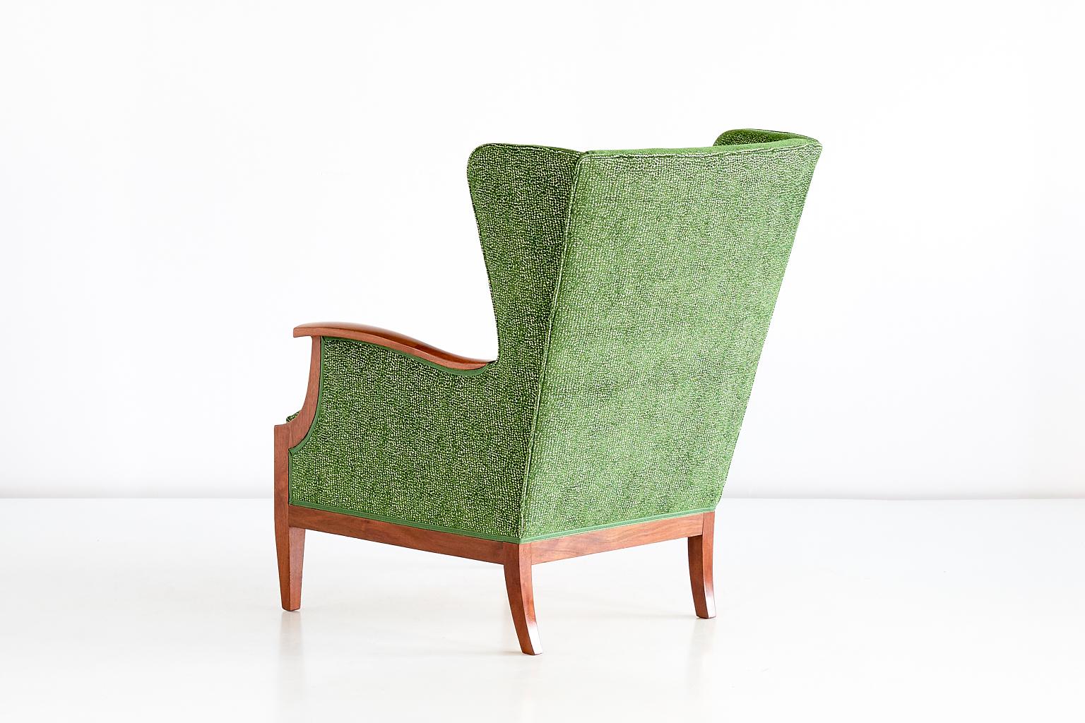 Chenille Frits Henningsen Wingback Chair in Walnut and Green Rubelli Fabric, 1930s For Sale