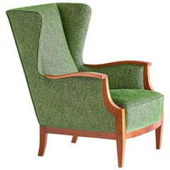 Vintage Frits Henningsen Wingback Chair in Walnut and Green Rubelli Fabric, 1930s