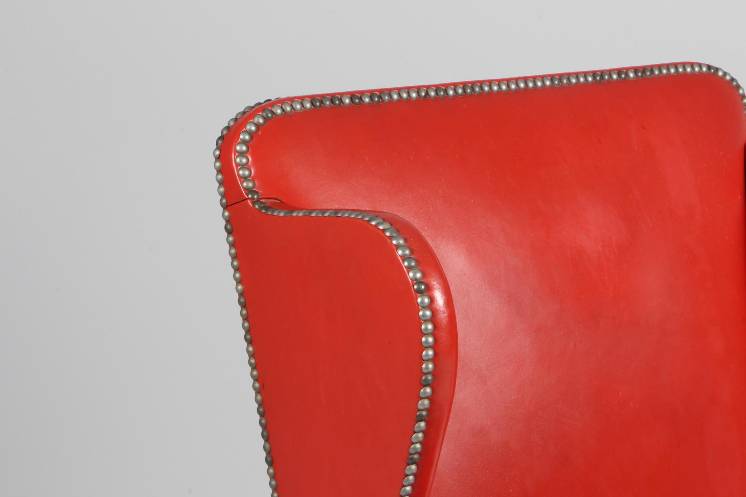 Danish Frits Henningsen, Wingback Chair with Original Patinated Red Leather, 1940s