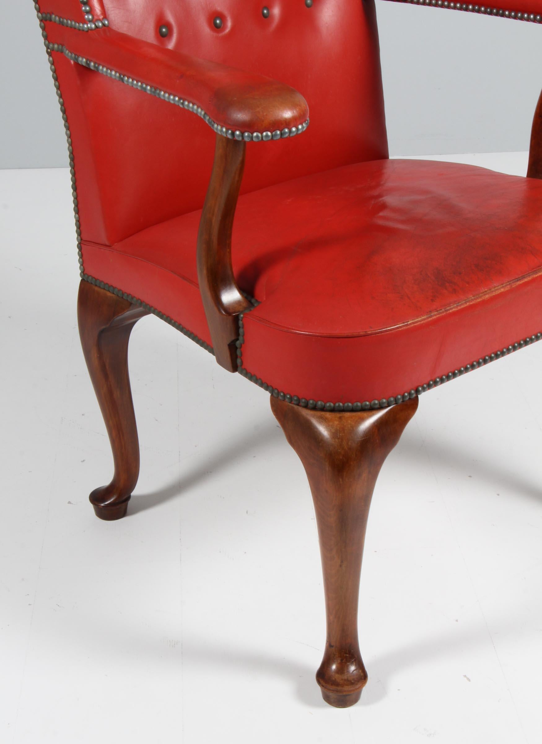 Frits Henningsen, Wingback Chair with Original Patinated Red Leather, 1940s In Excellent Condition In Esbjerg, DK