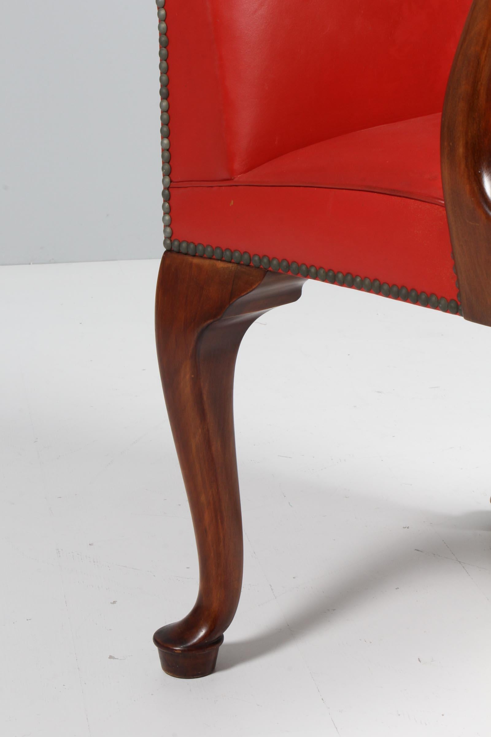 Mid-20th Century Frits Henningsen, Wingback Chair with Original Patinated Red Leather, 1940s