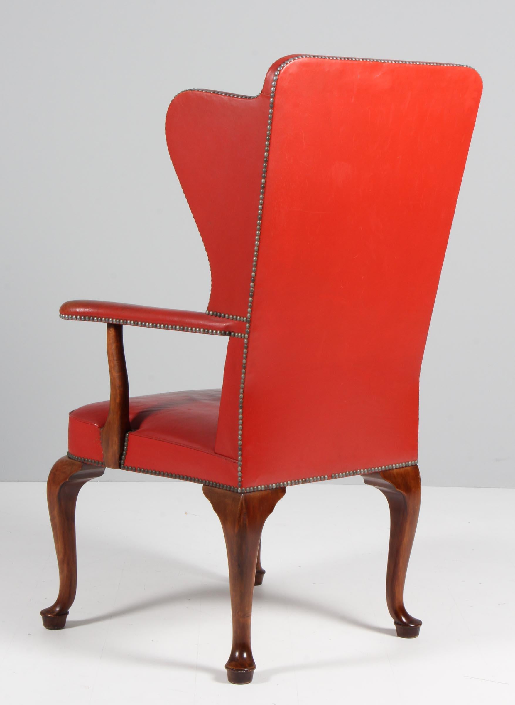 Frits Henningsen, Wingback Chair with Original Patinated Red Leather, 1940s 2