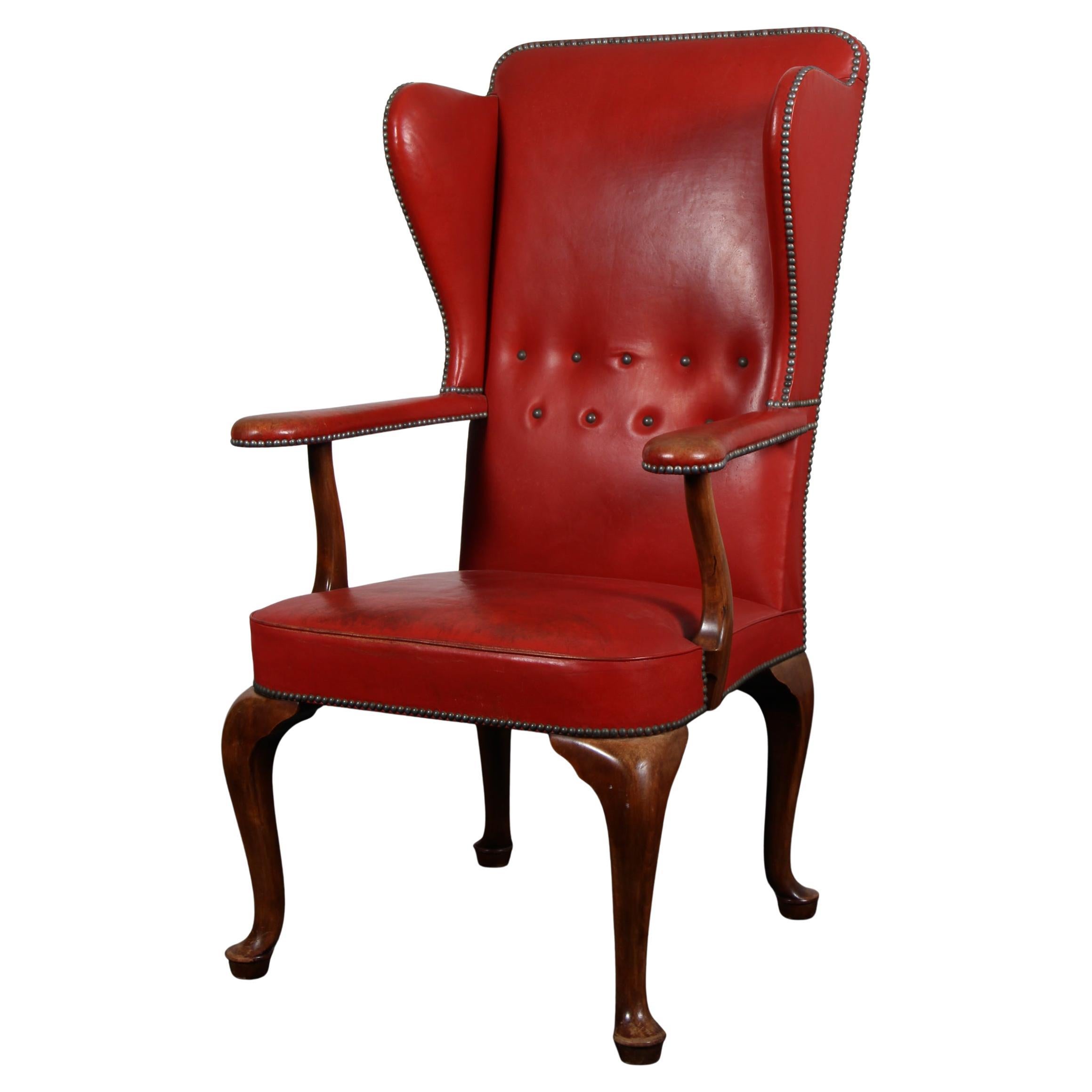 Frits Henningsen, Wingback Chair with Original Patinated Red Leather, 1940s