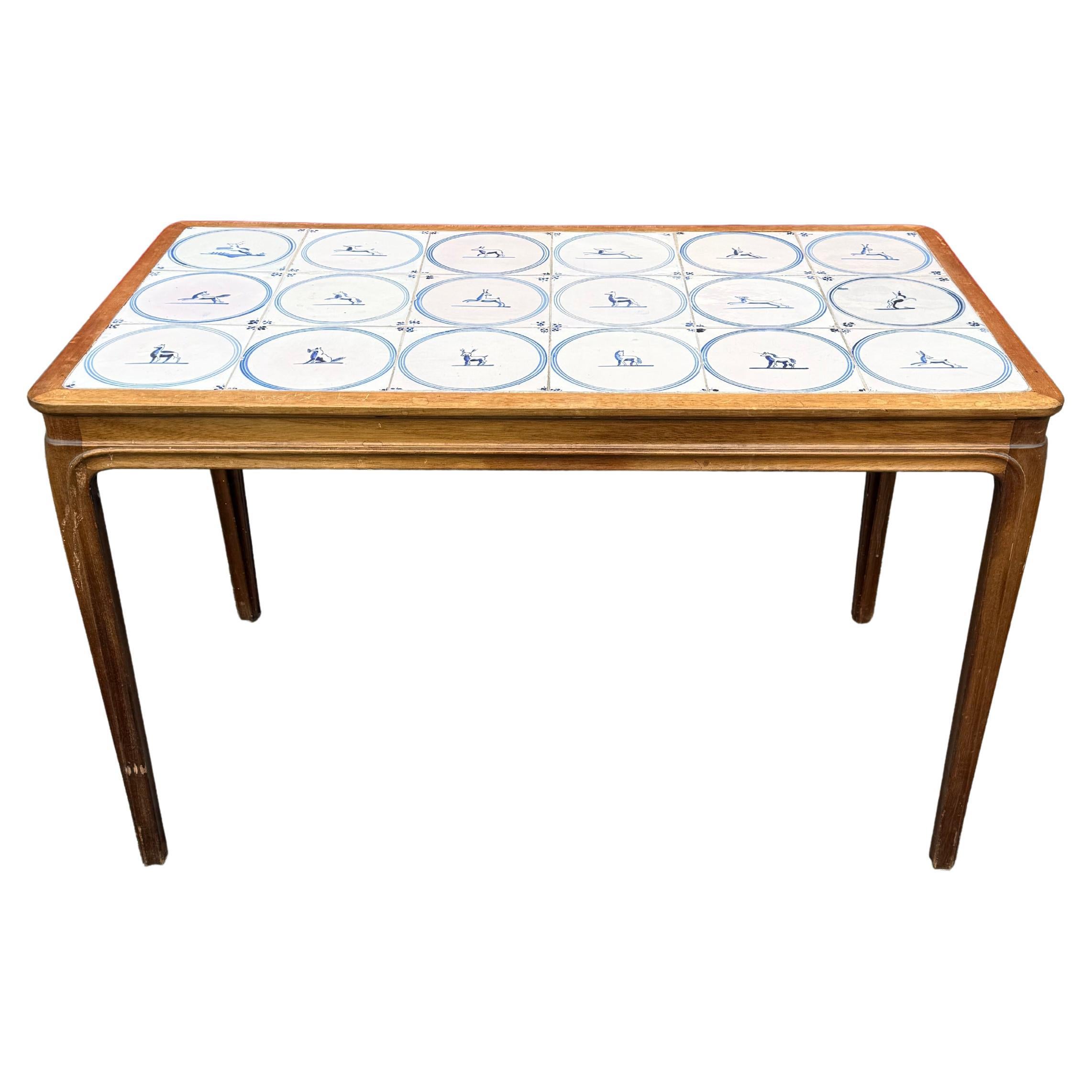 Frits Henningsen Wood Coffee Table with 19th Century Ceramic Tiles