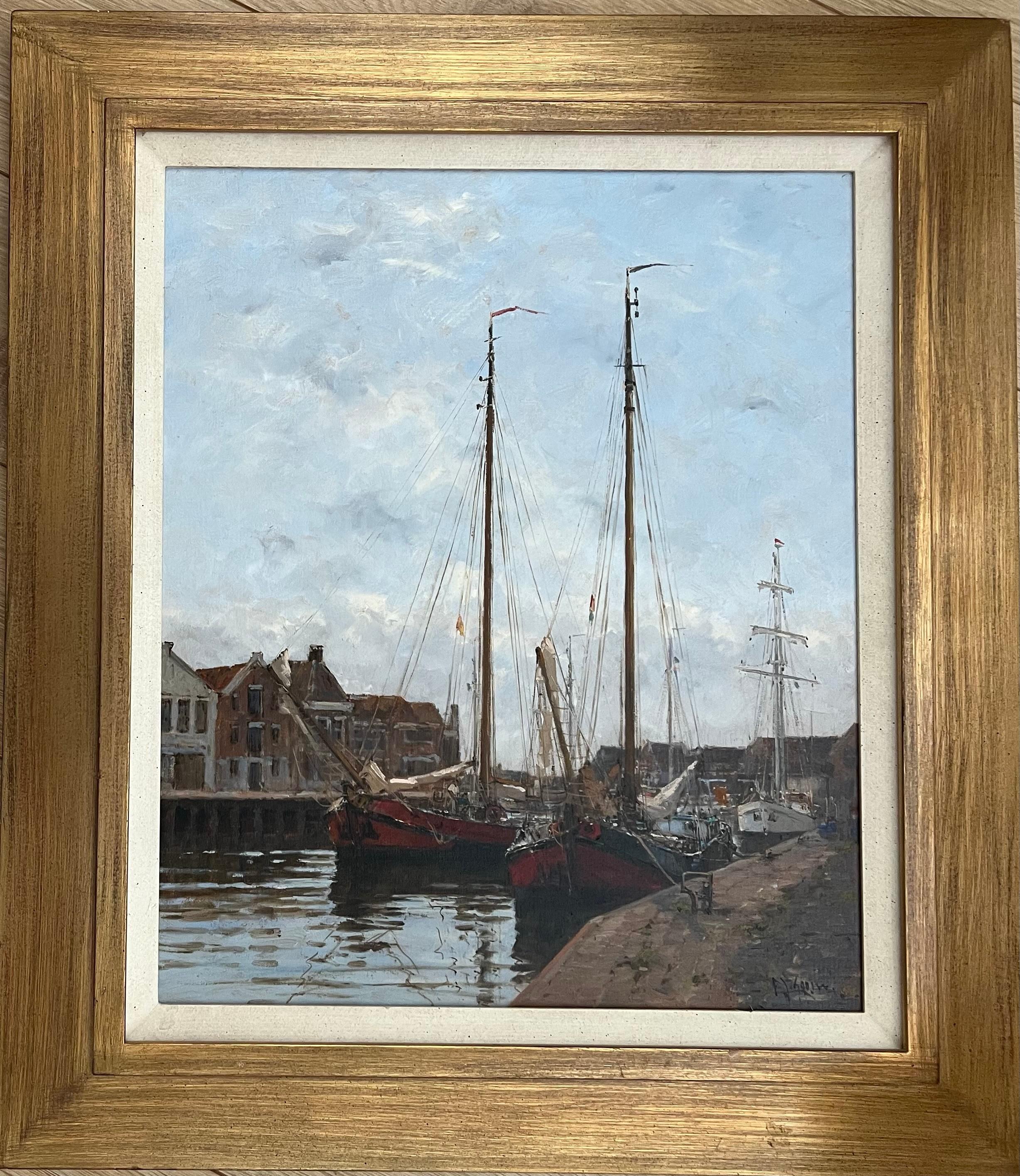 Barcazas holandesas en  Puerto de Harlingen, Holanda Pintura al óleo impresionista de gran formato - Painting de Frits Johan Goosen