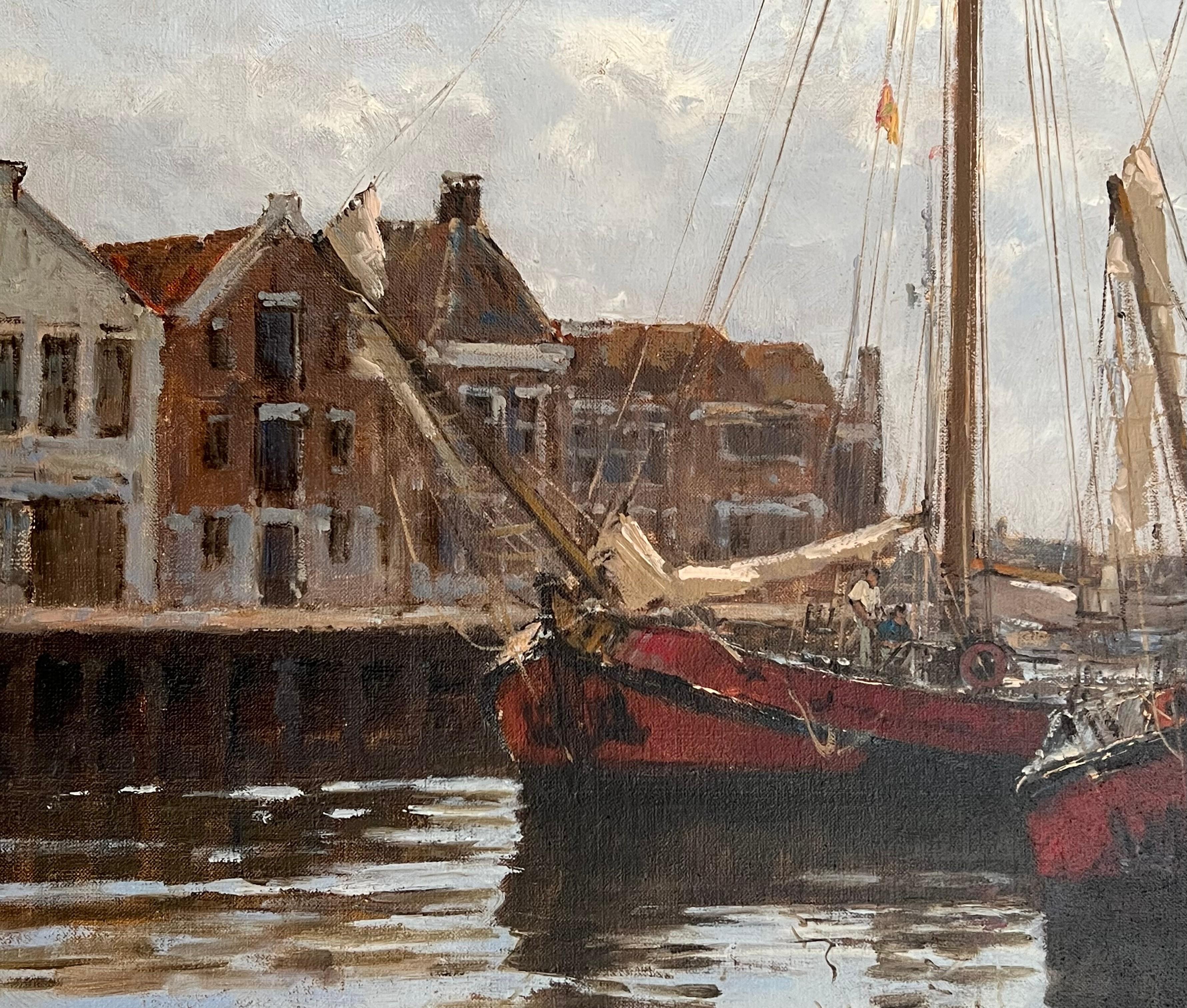 Barcazas holandesas en  Puerto de Harlingen, Holanda Pintura al óleo impresionista de gran formato - Painting Impresionista de Frits Johan Goosen