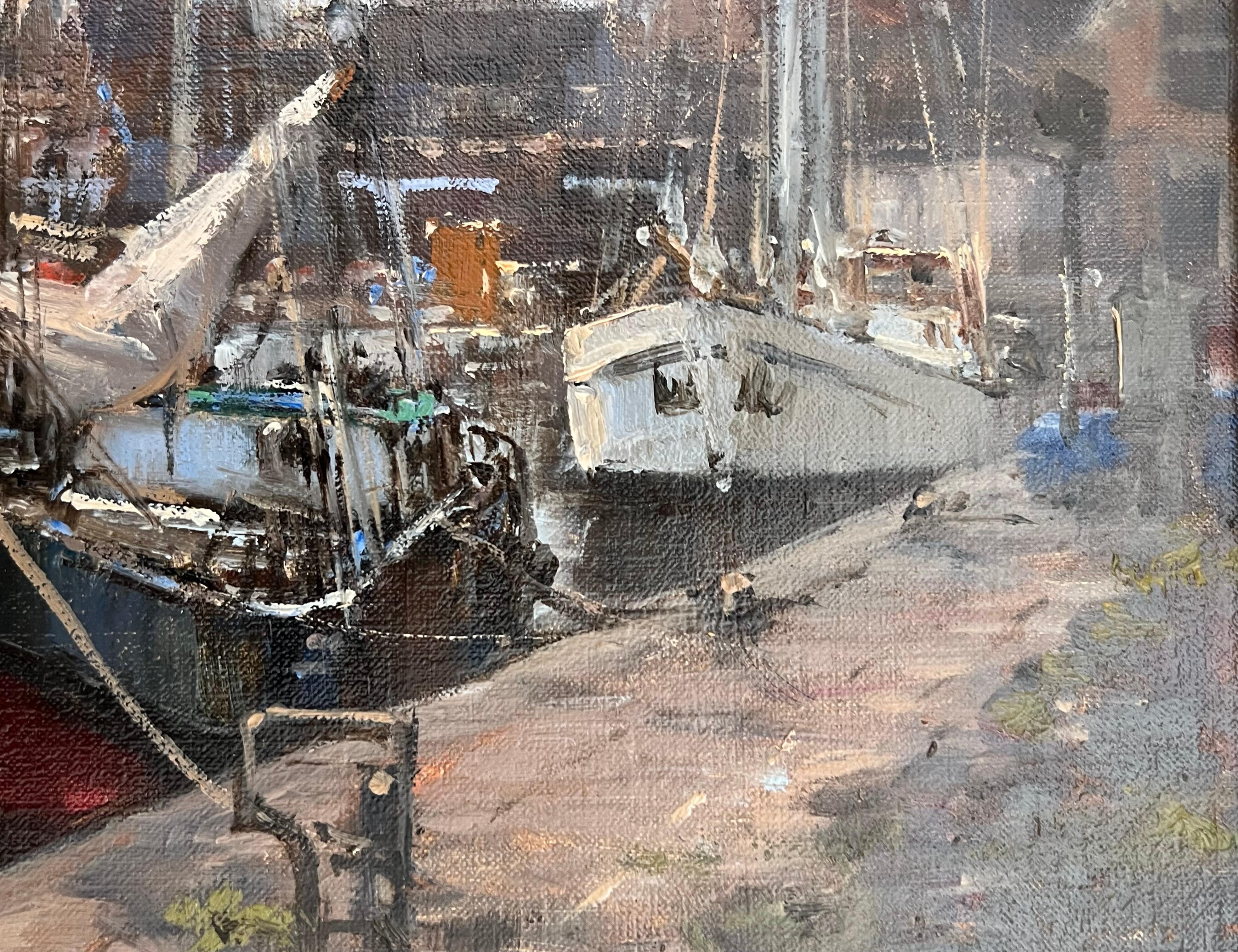 Barcazas holandesas en  Puerto de Harlingen, Holanda Pintura al óleo impresionista de gran formato 1