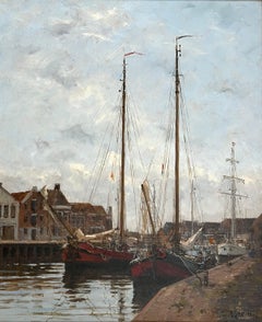Barges hollandaises  Grande peinture à l'huile impressionniste du port de Harlingen, Hollande