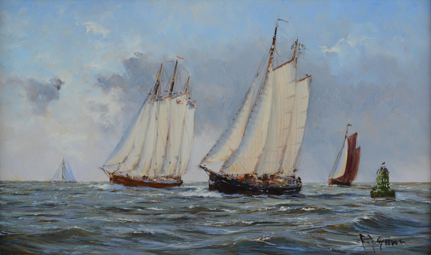 Landscape Painting Frits Johan Goosen - "Dutch Barges Racing" (Récailles de course de duches)