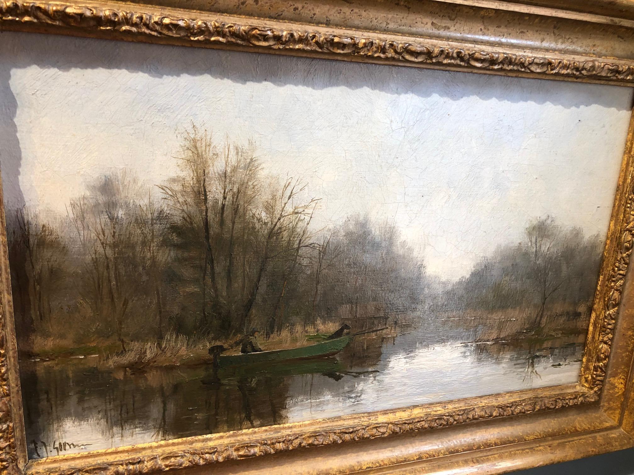 Paesaggio impressionista contemporaneo con pescatore e cane in barca sul fiume - Painting di Frits Johan Goosen