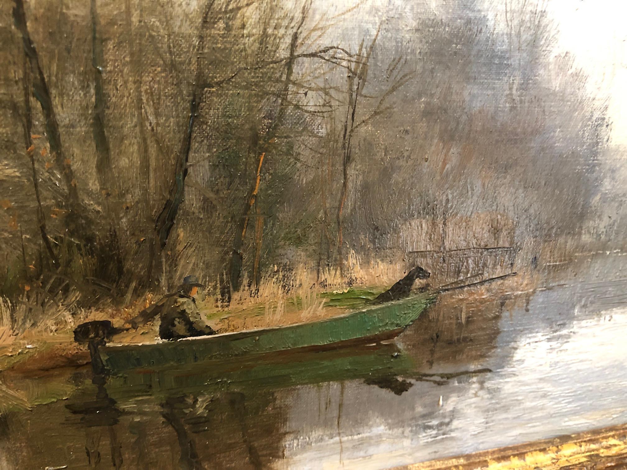 Paesaggio impressionista contemporaneo con pescatore e cane in barca sul fiume - Painting Impressionismo di Frits Johan Goosen