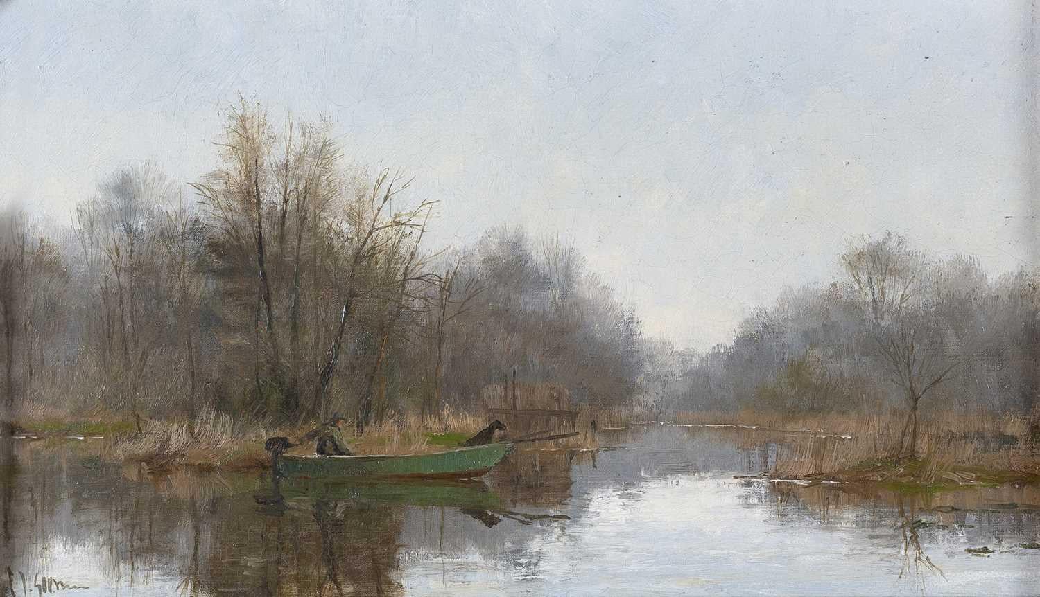 Frits Johan Goosen Landscape Painting – Fischer und Hund im Boot auf dem Fluss