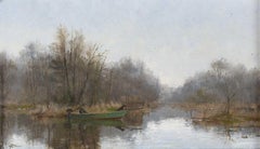 Contemporary Impressionist Landscape with Fisherman and Dog in boat on the River
