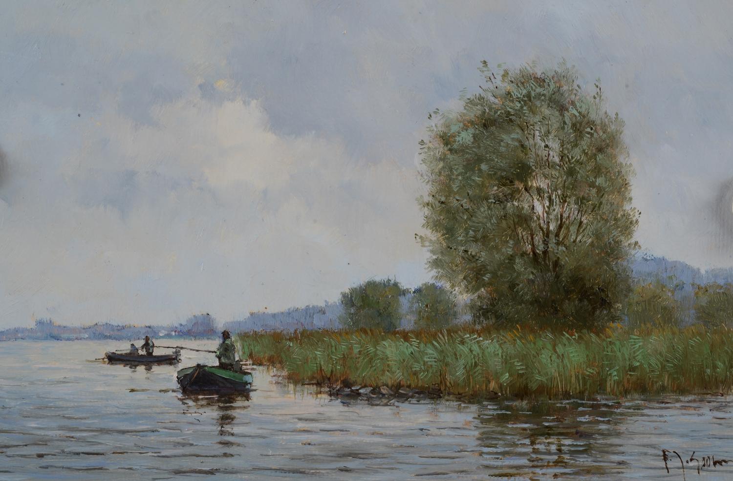 Landscape Painting di Frits Johan Goosen - Pittura contemporanea tradizionale del XX secolo con paesaggio ad olio raffigurante un pescatore