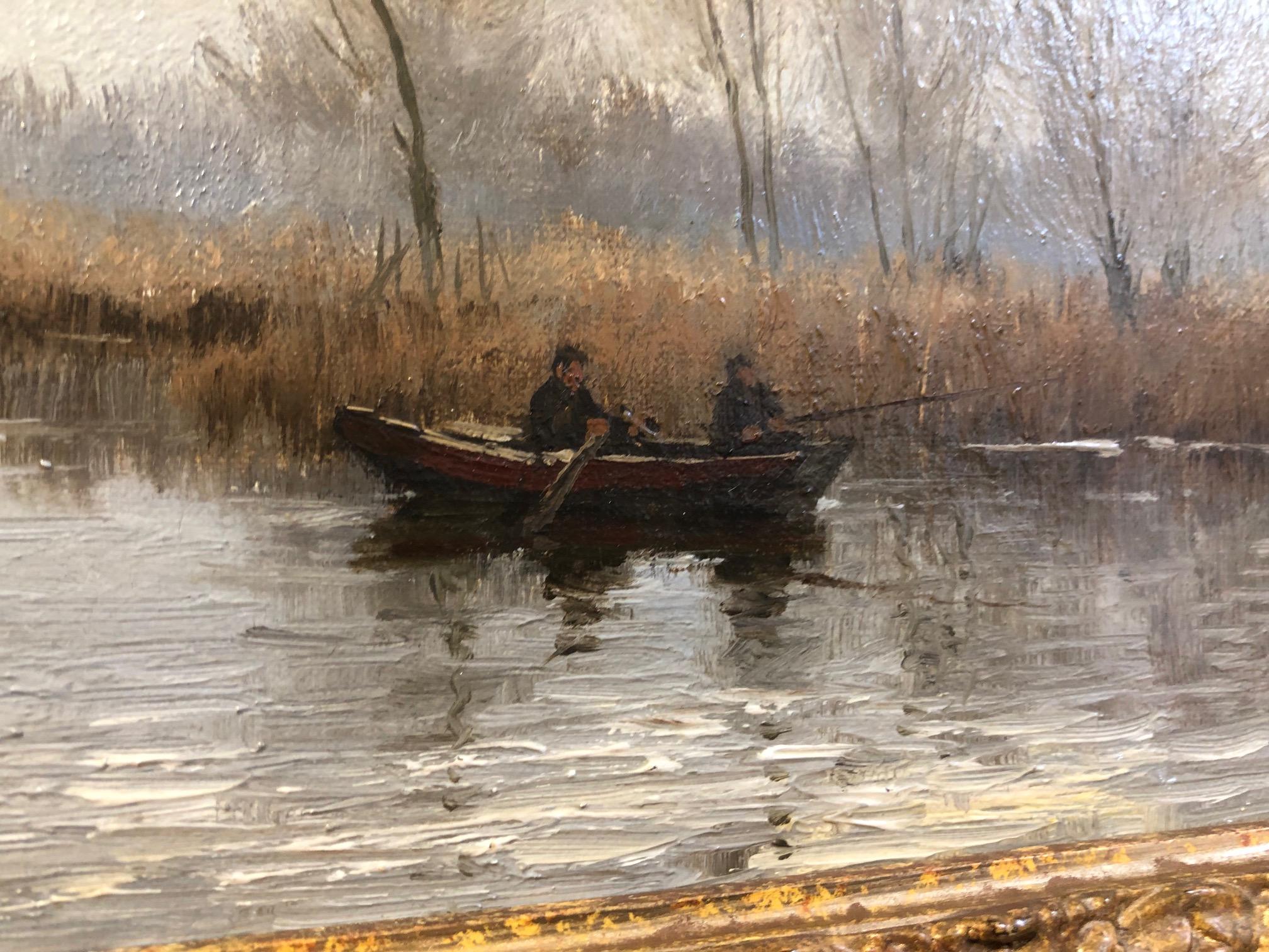 Paesaggio impressionista contemporaneo dipinto a olio di pescatori in barca sul fiume - Art Impressionismo di Frits Johan Goosen