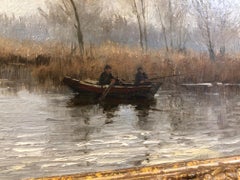 Contemporary Impressionist Landscape Oil Painting of Fishermen in Boat on River