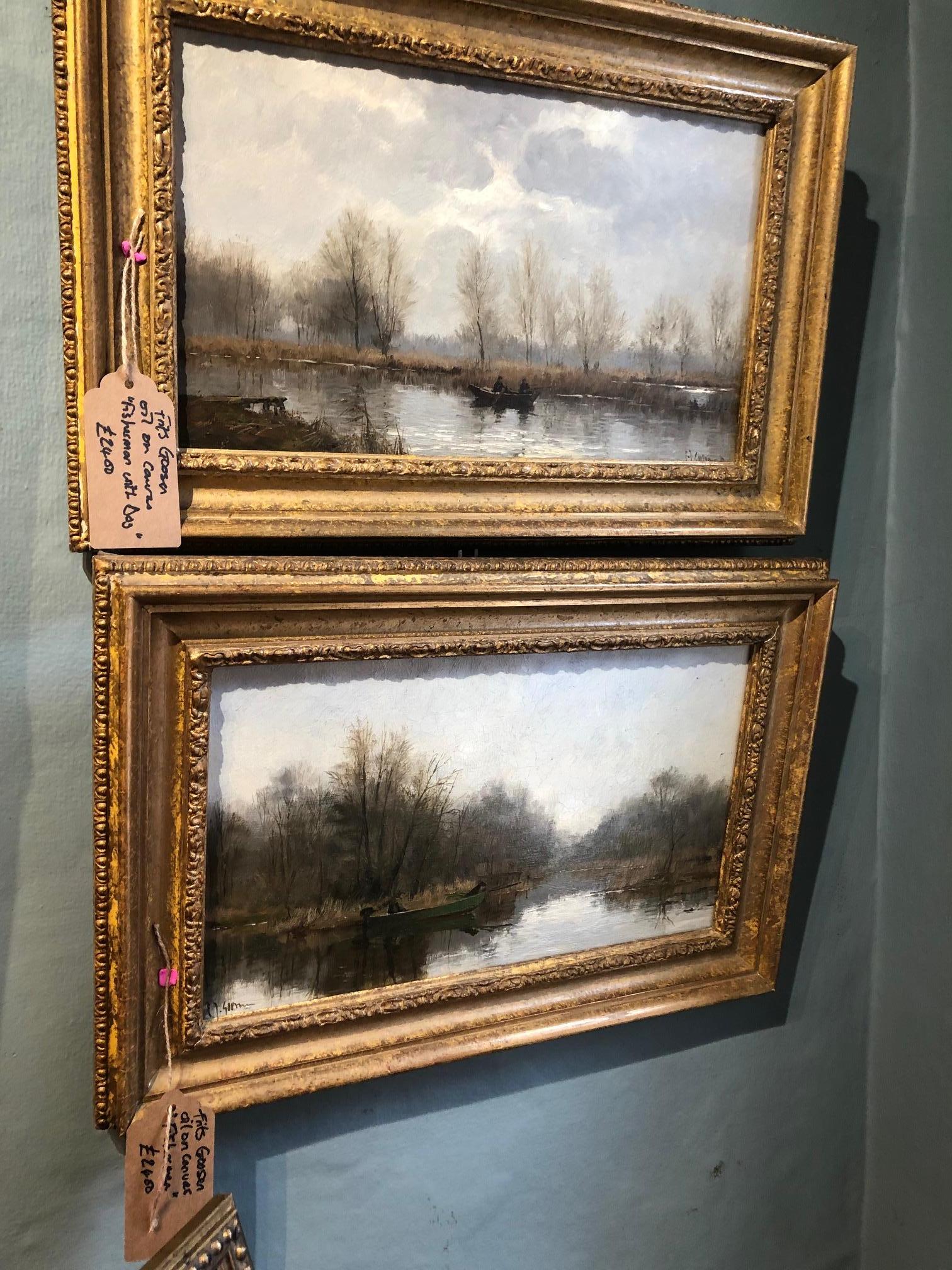 Paesaggio impressionista contemporaneo dipinto a olio di pescatori in barca sul fiume in vendita 1