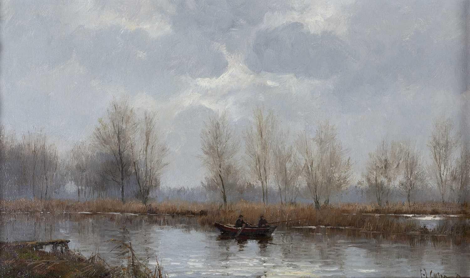 "Fishermen in a Boat on River" - Art by Frits Johan Goosen