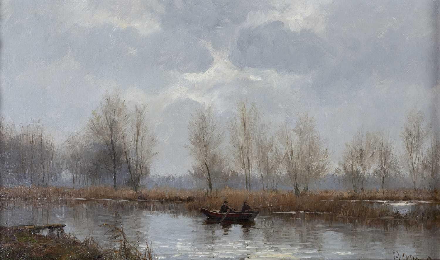 Paesaggio impressionista contemporaneo dipinto a olio di pescatori in barca sul fiume - Art di Frits Johan Goosen