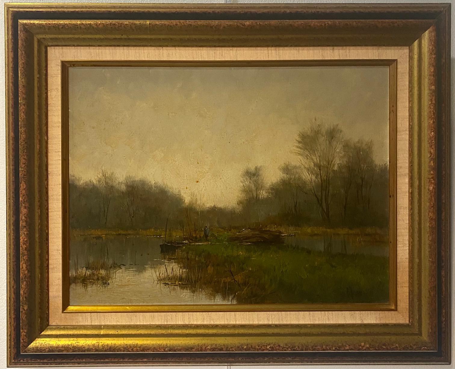 Barco de pesca fluvial de Frits Johan Goosen - Óleo sobre lienzo 30x40 cm en venta 1