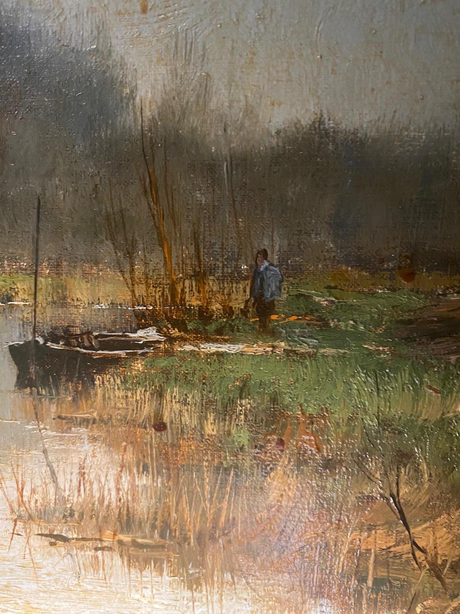 Barco de pesca fluvial de Frits Johan Goosen - Óleo sobre lienzo 30x40 cm en venta 2