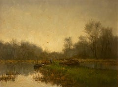 River fishing boat by Frits Johan Goosen - Oil on canvas 30x40 cm