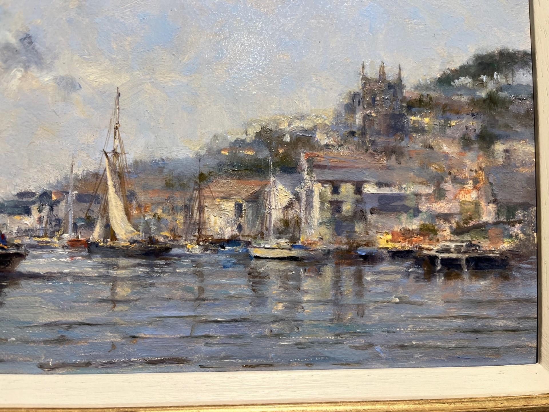 Sailing boats in Fowey Estuary with Fowey behind, impressionist oil, Cornwall UK - Impressionist Painting by Frits Johan Goosen