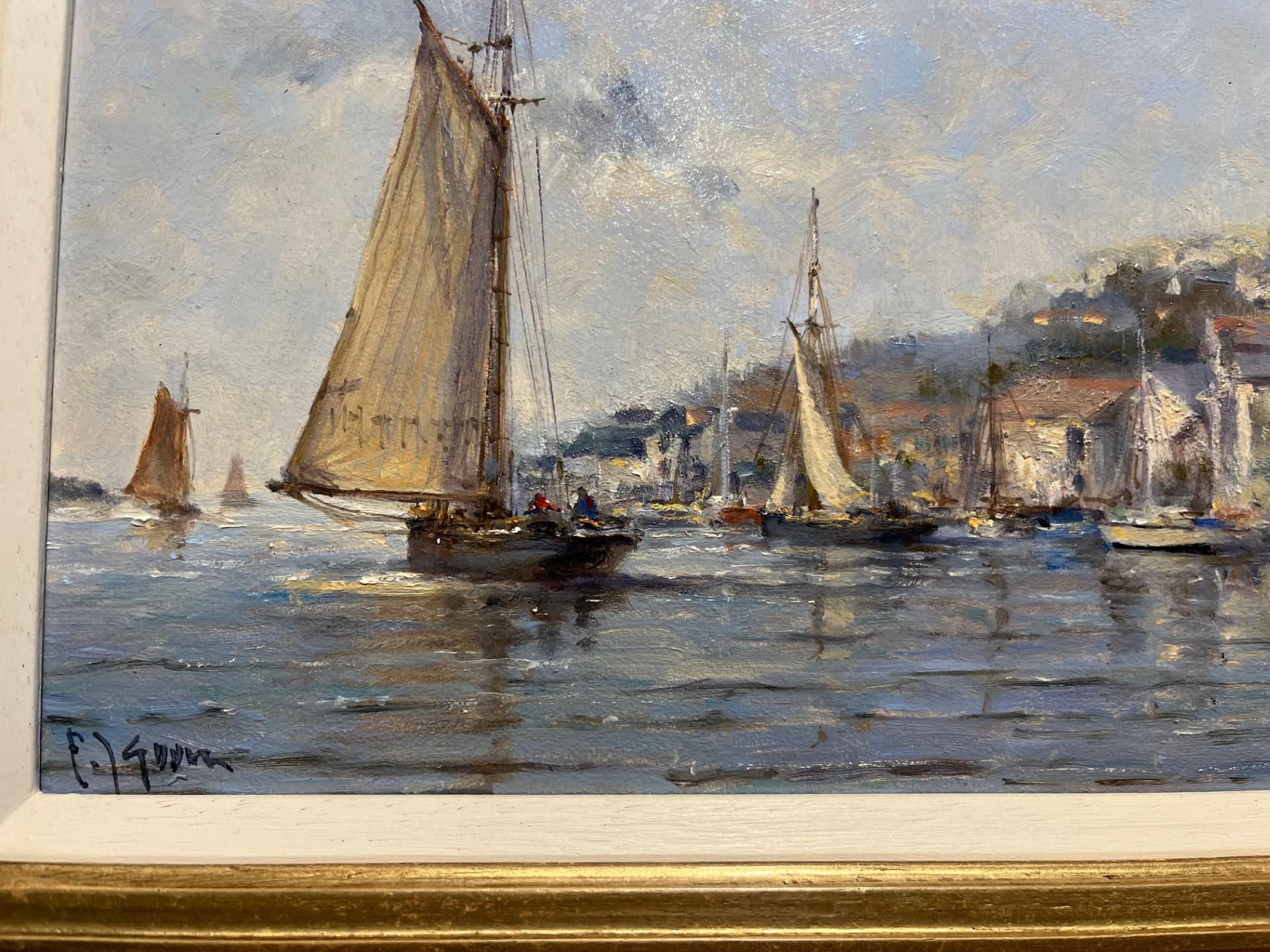Sailing Boats on the Fowey River
Oil on Panel, Signed and Framed

A stunning gem by the wonderful Frits Goosen.  This oil depicts Sailing boats in the Fowey Estuary with the beautiful town on Fowey in the background with the church visible and the
