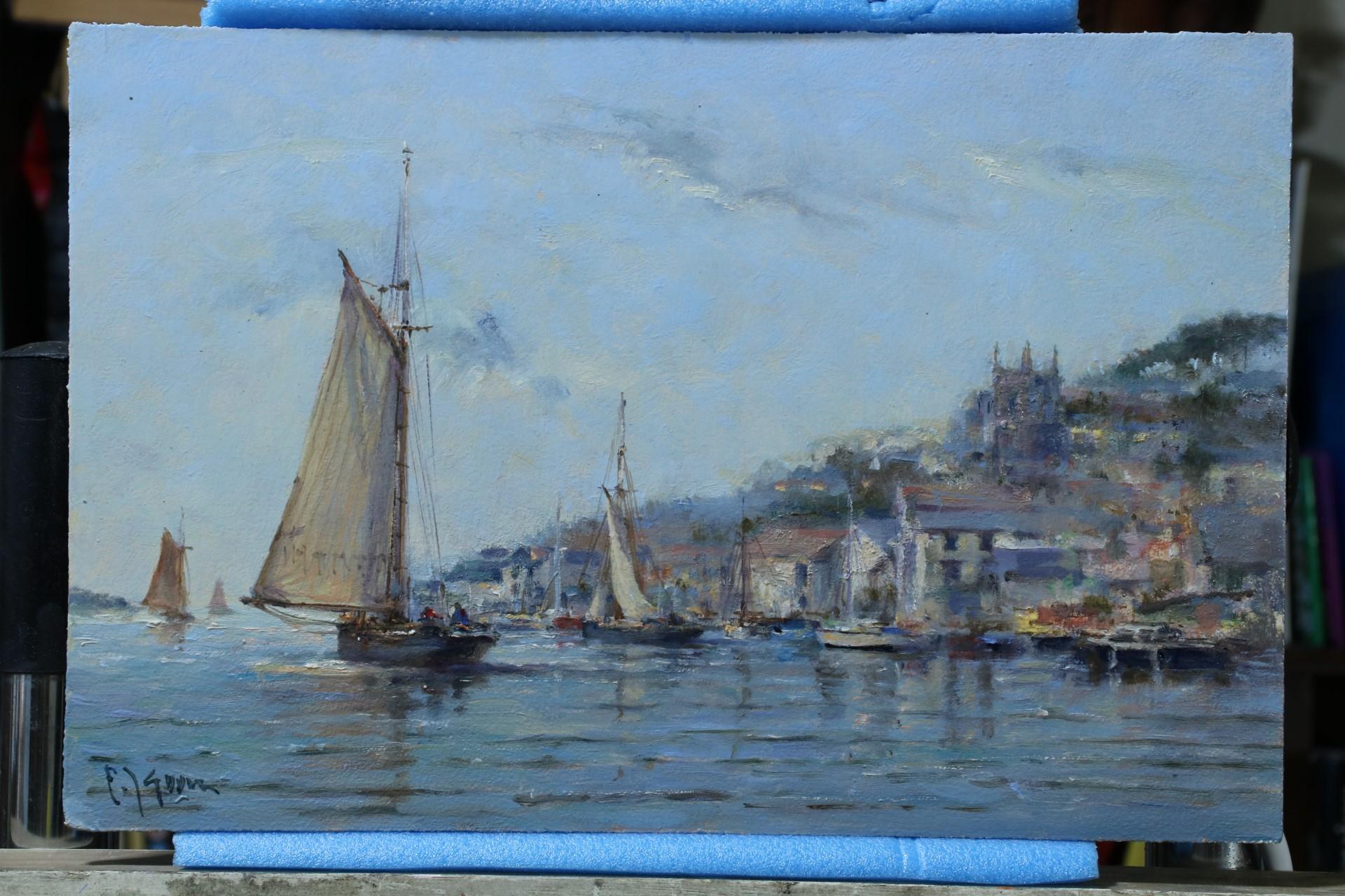 Frits Johan Goosen Landscape Painting - Sailing boats in Fowey Estuary with Fowey behind, impressionist oil, Cornwall UK