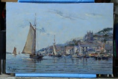 Sailing boats in Fowey Estuary with Fowey behind, impressionist oil, Cornwall UK