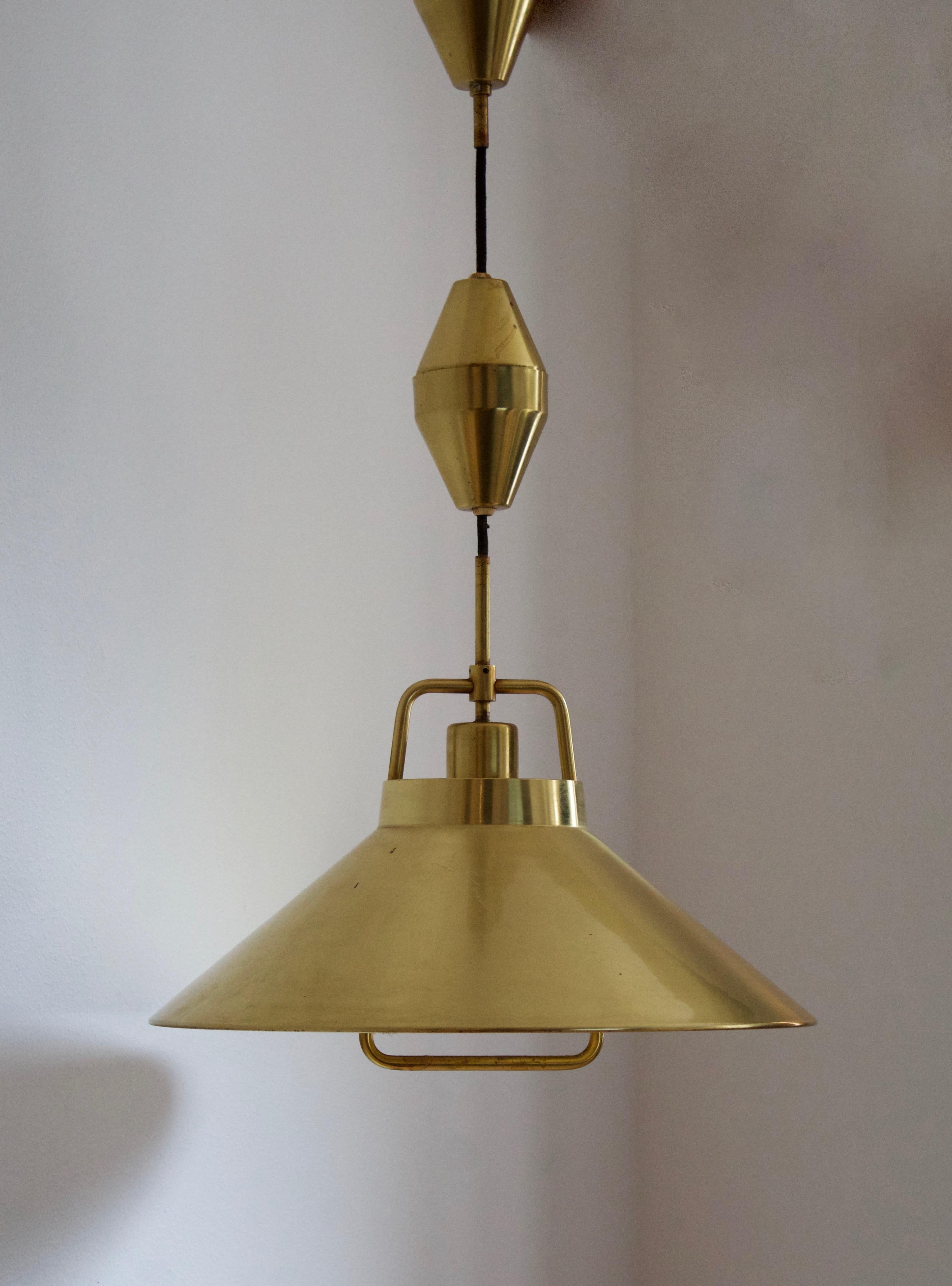 Frits Schlegel, Adjustable Pendant Light, Brass, for Lyfa, Denmark, 1967 In Good Condition In High Point, NC