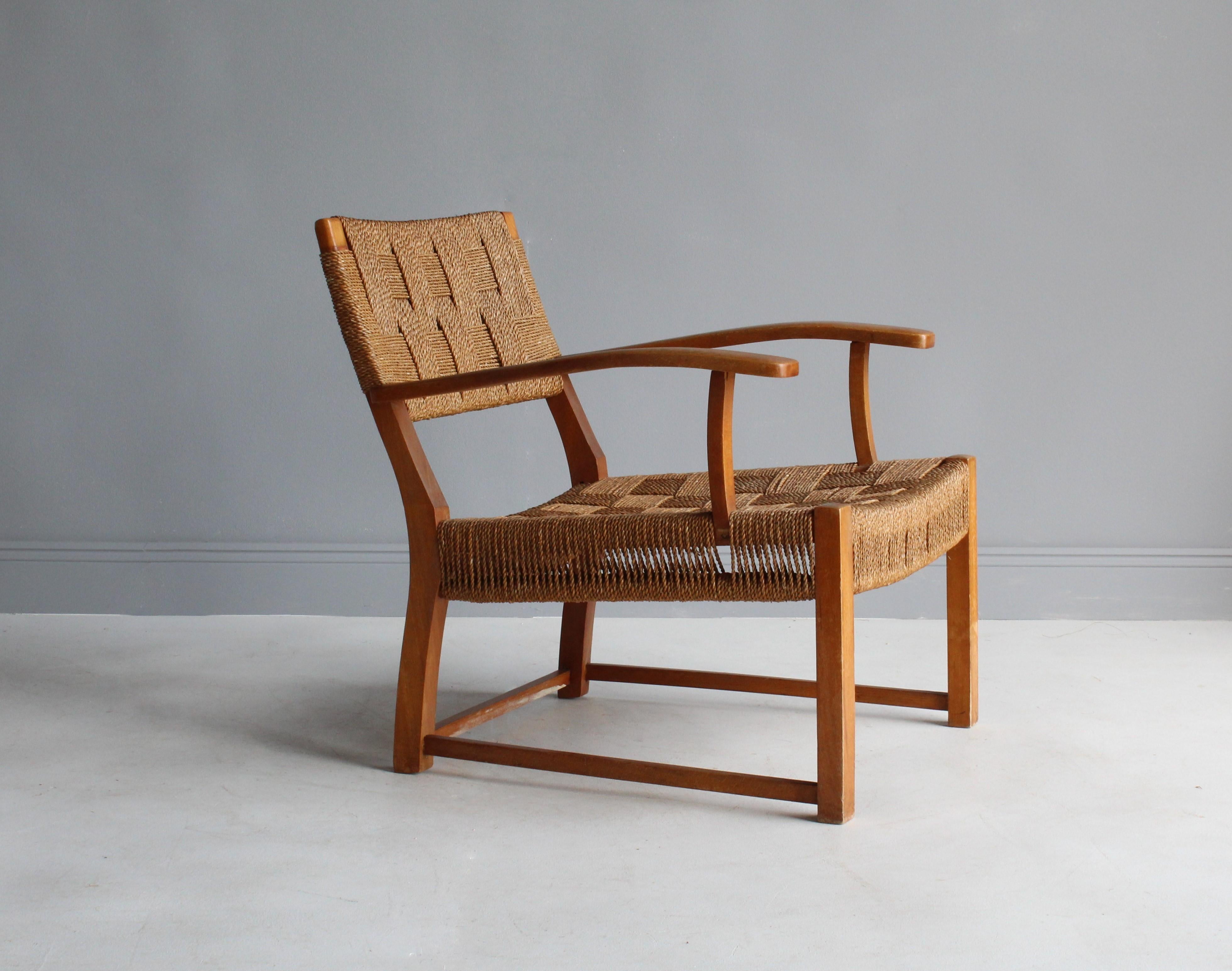 Frits Schlegel 'Attributed', Modernist Lounge Chair, Beech, Cord, Denmark, 1940s (Skandinavische Moderne)