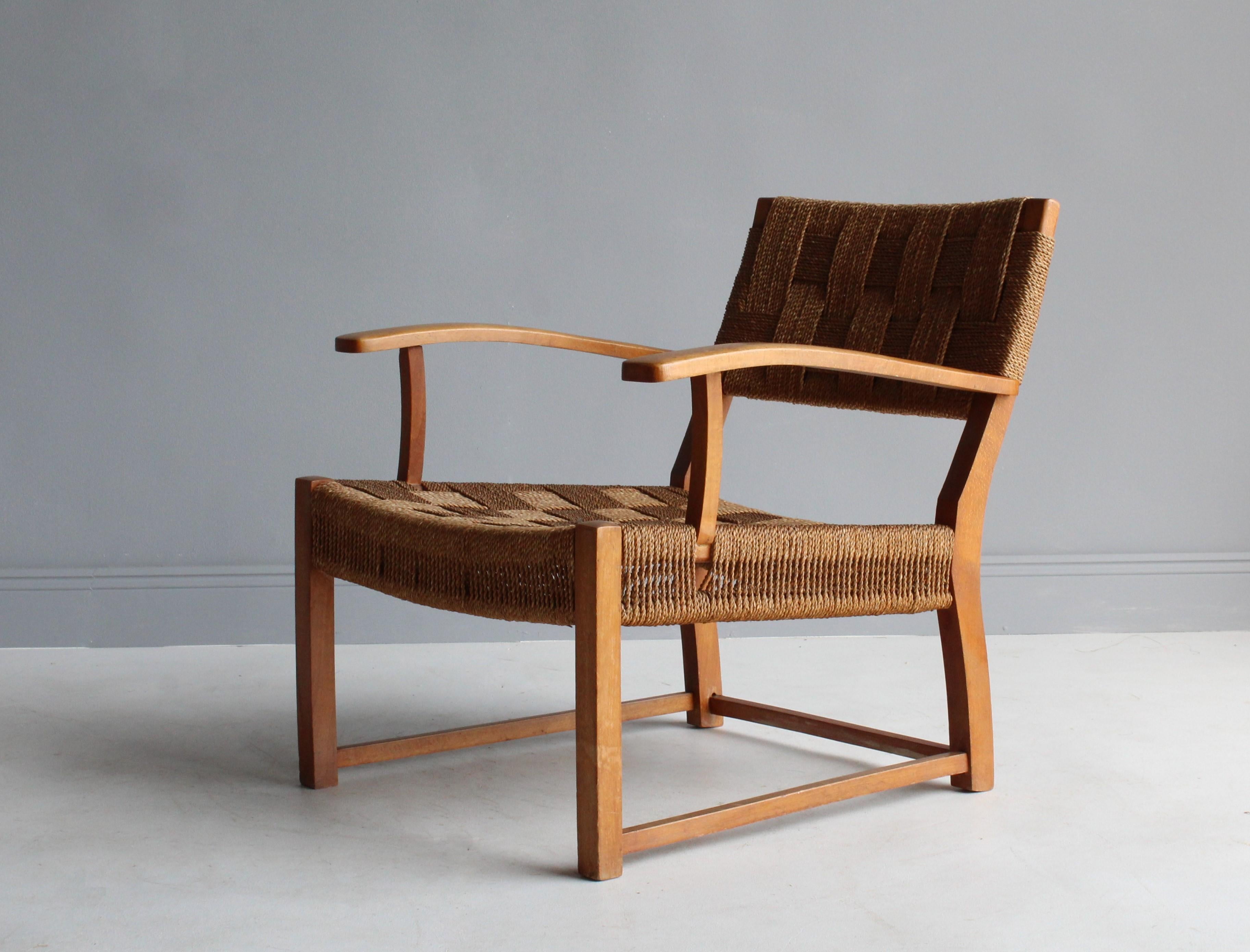 Scandinavian Modern Frits Schlegel 'Attributed', Modernist Lounge Chair, Beech, Cord, Denmark, 1940s