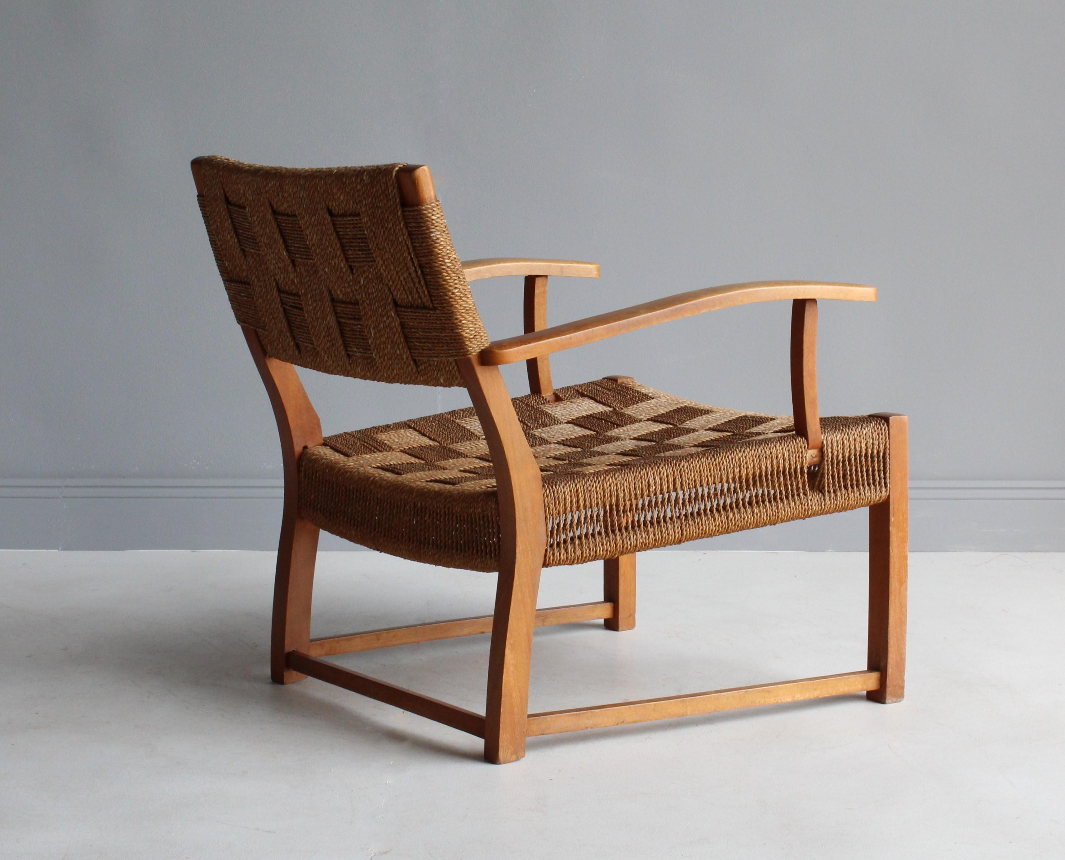 Danish Frits Schlegel 'Attributed', Modernist Lounge Chair, Beech, Cord, Denmark, 1940s