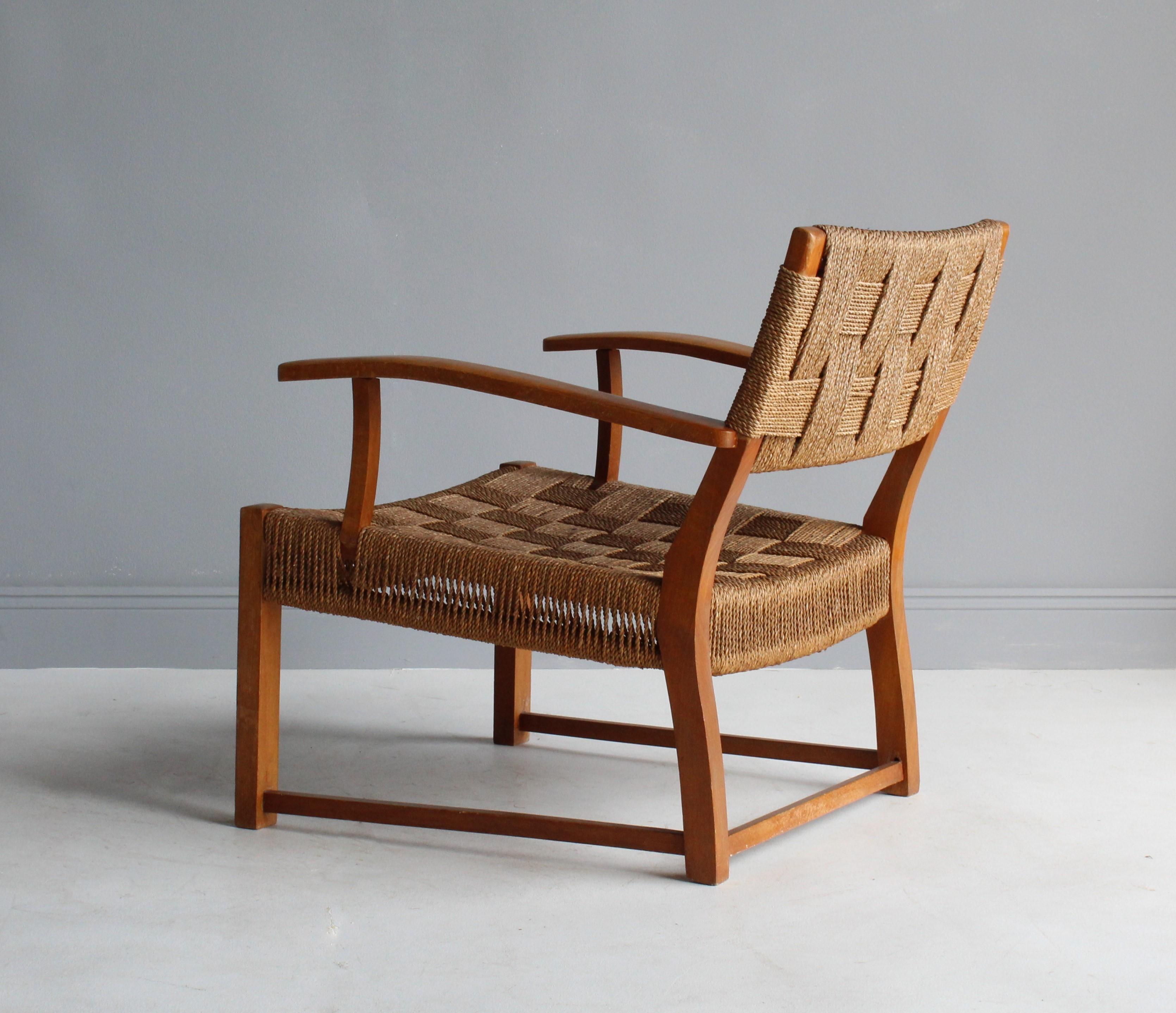 Frits Schlegel 'Attributed', Modernist Lounge Chair, Beech, Cord, Denmark, 1940s (Mitte des 20. Jahrhunderts)