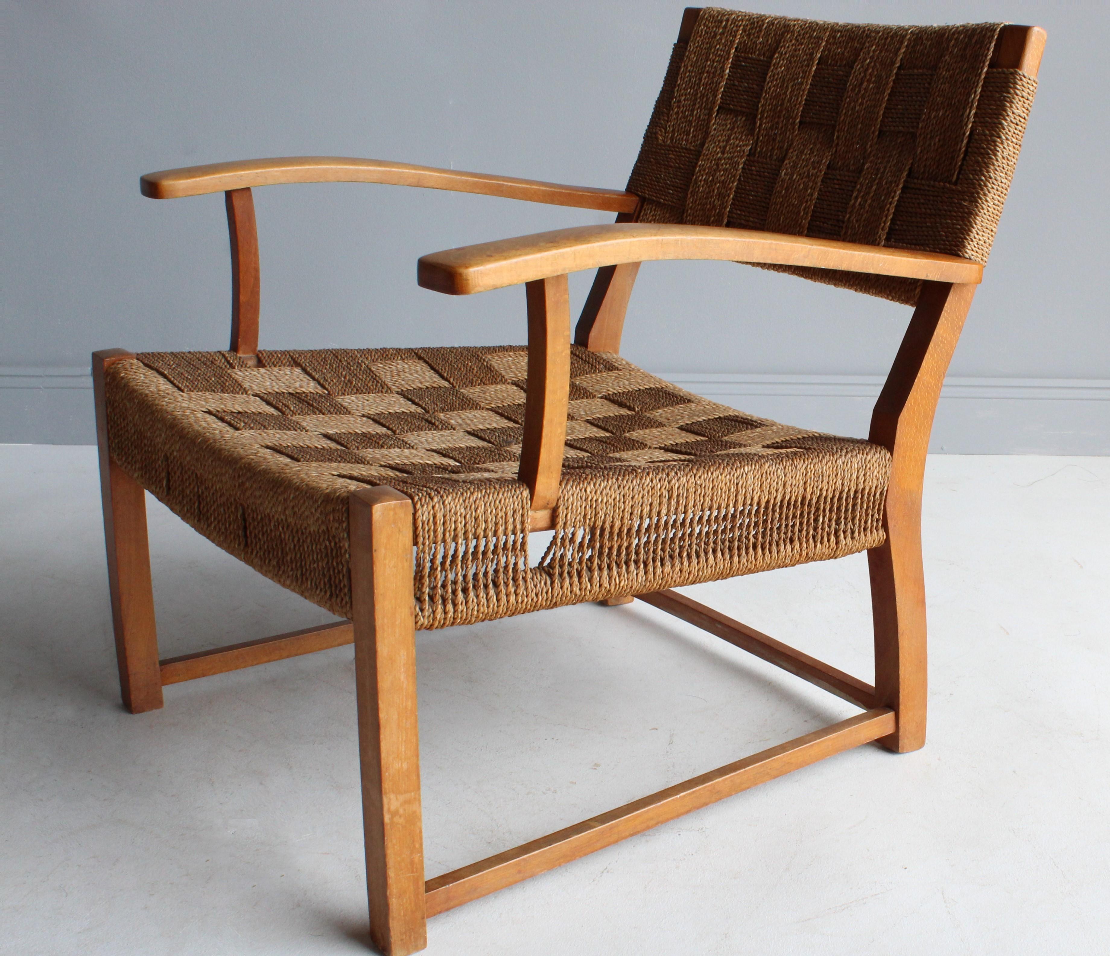Mid-20th Century Frits Schlegel 'Attributed', Modernist Lounge Chair, Beech, Cord, Denmark, 1940s