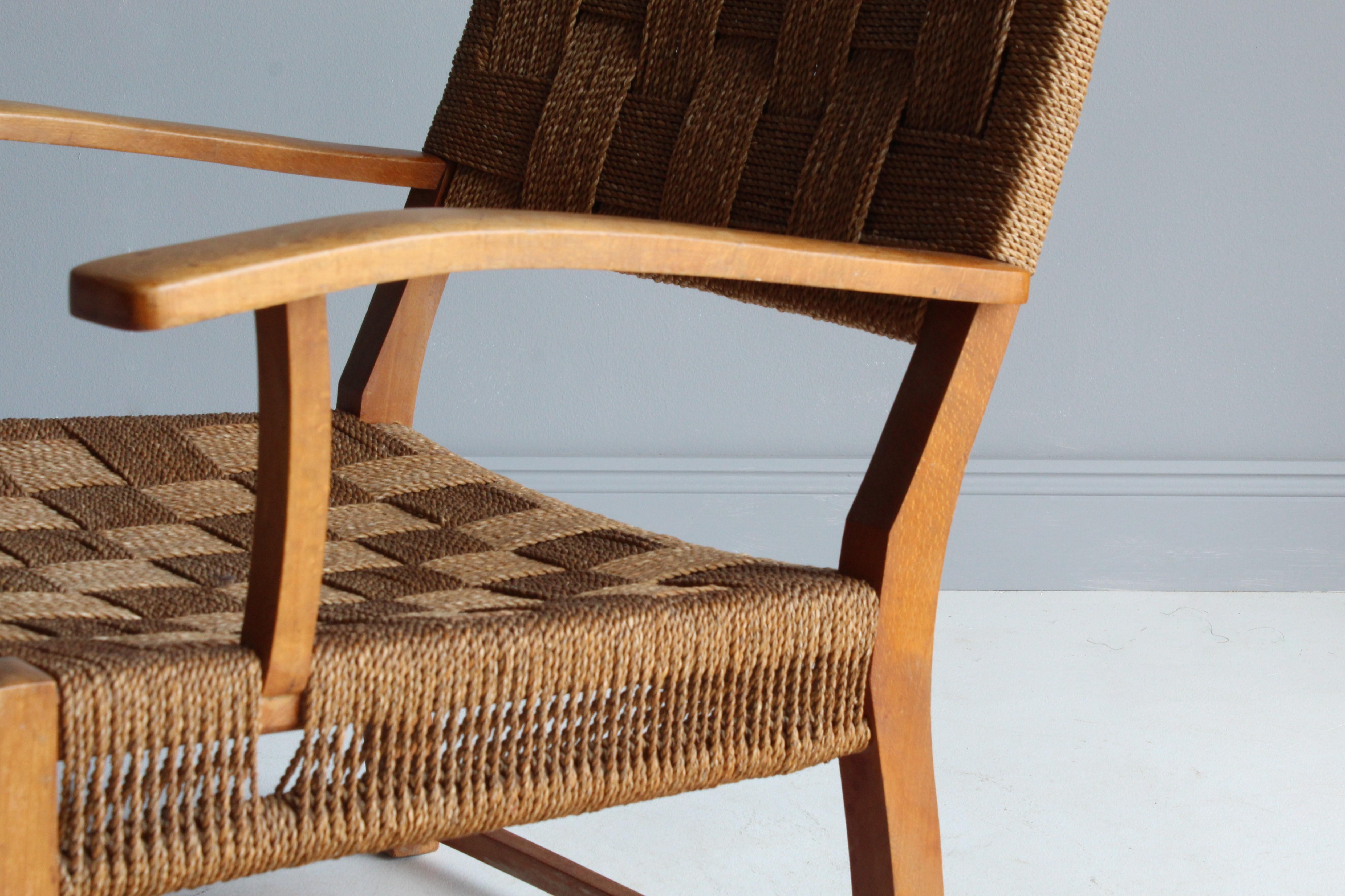Frits Schlegel 'Attributed', Modernist Lounge Chair, Beech, Cord, Denmark, 1940s 2