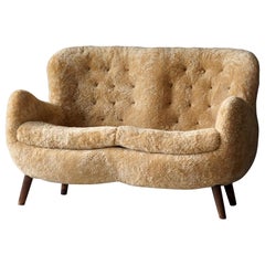 Frits Schlegel 'Attributed', Organic Settee, Beige Lambskin, Denmark circa 1949 