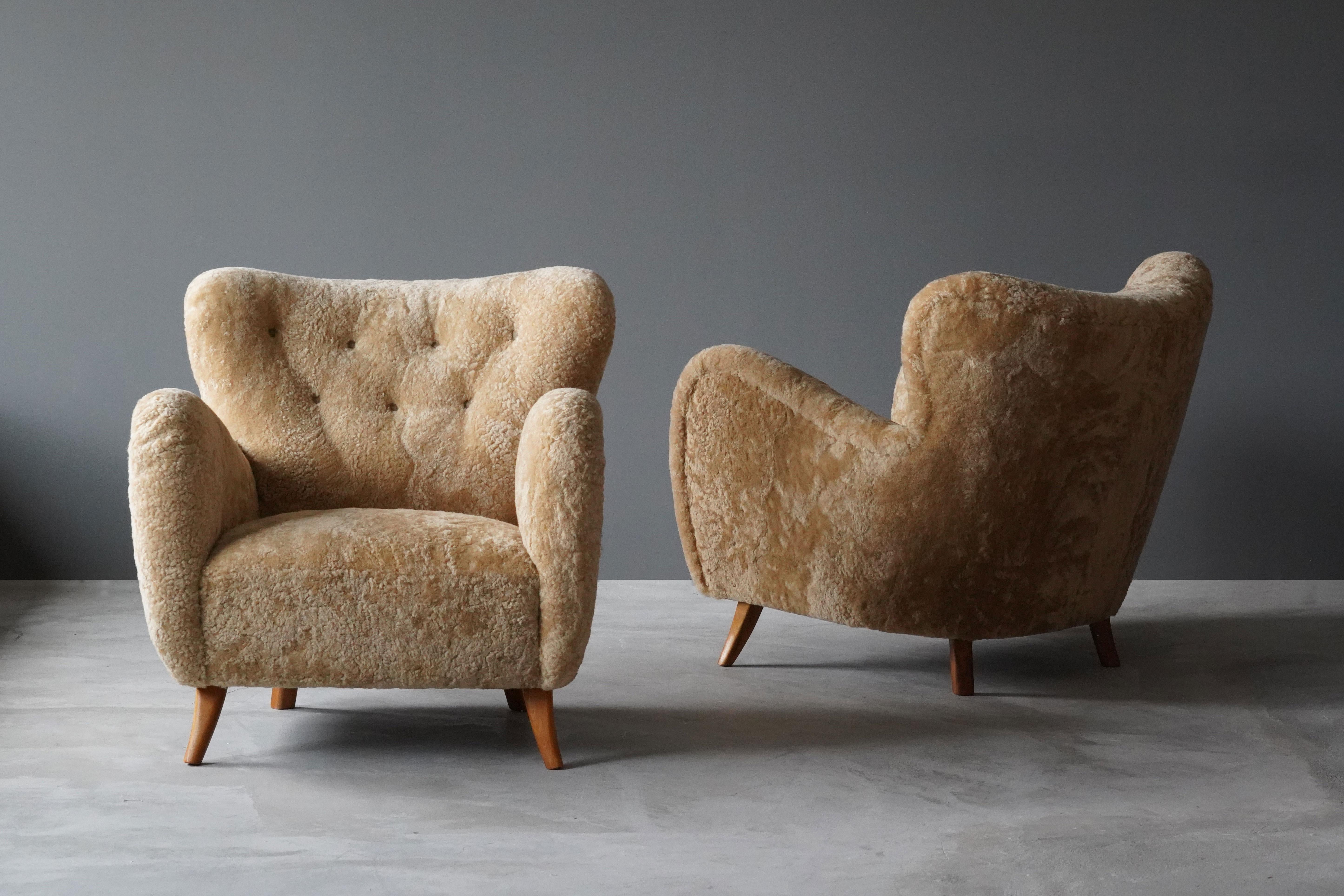 Danish Frits Schlegel 'Attribution' Lounge Chairs, Beige Sheepskin, Beech 1940s Denmark