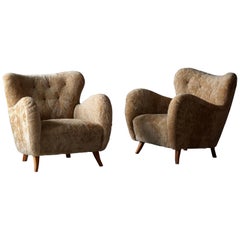 Frits Schlegel 
Attribution
 Lounge Chairs, Beige Sheepskin, Beech 1940s Denmark