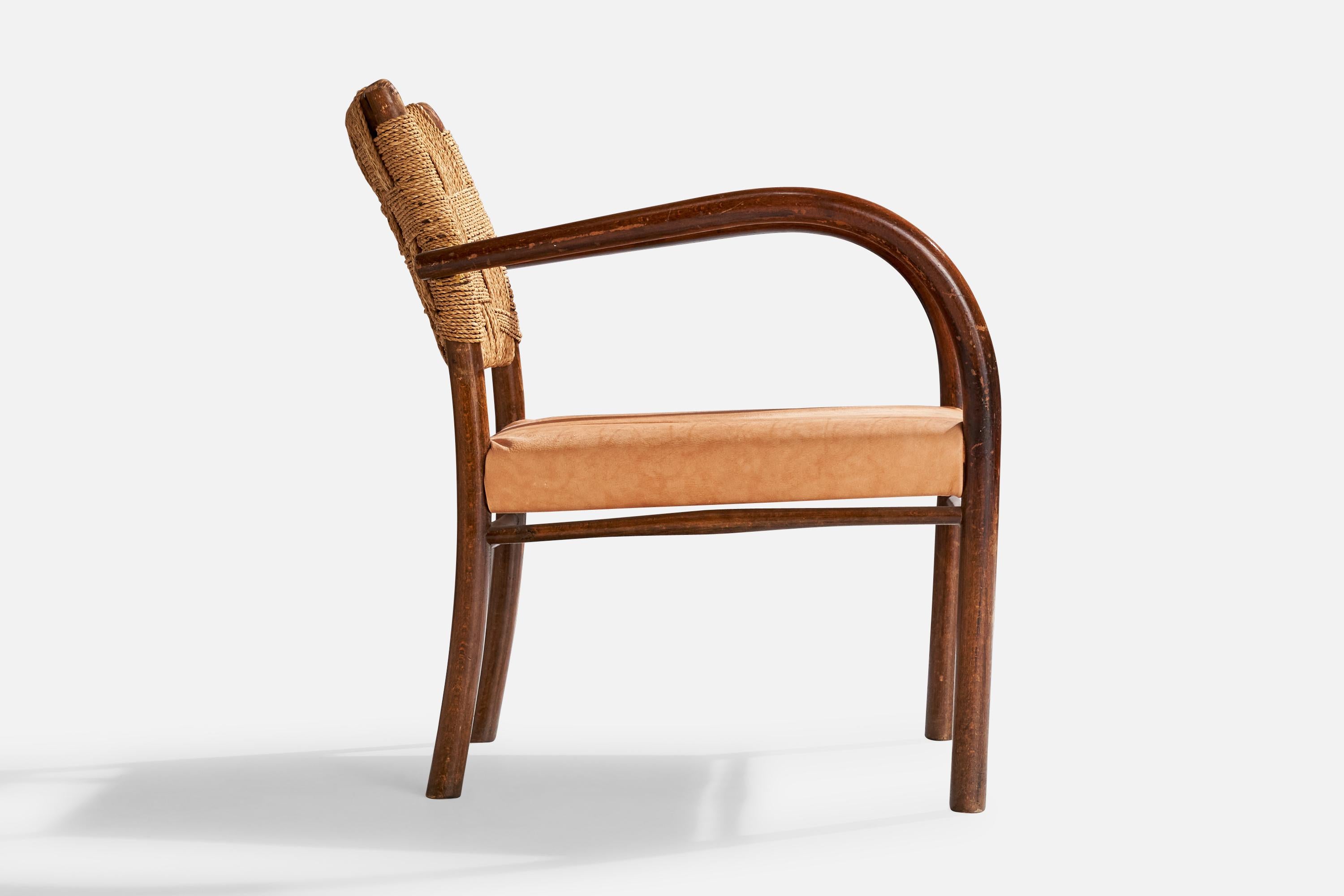 Frits Schlegel, Lounge Chairs, Beech, Sea Grass Cord, Leather, Denmark, 1930s 4