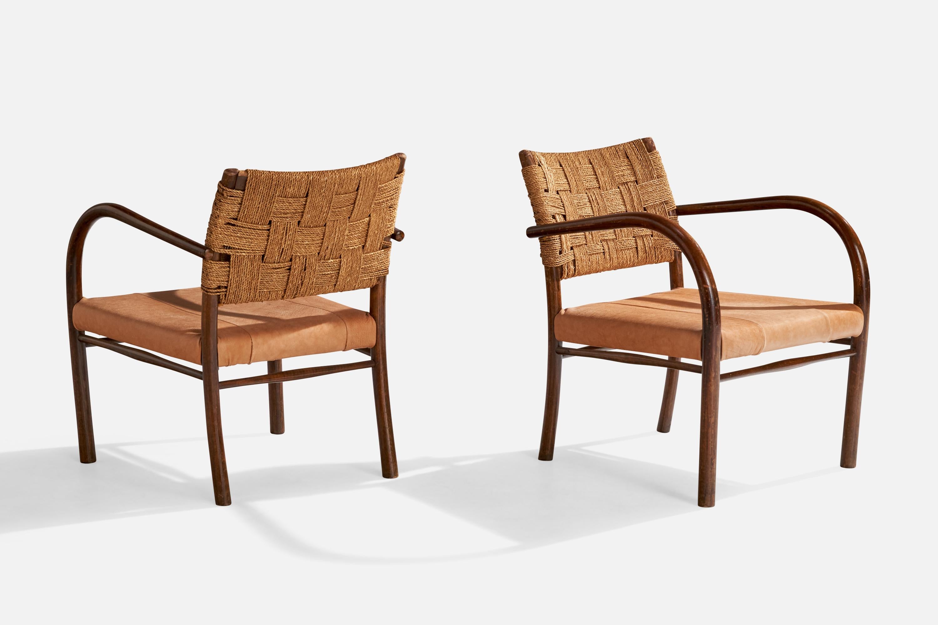 Scandinavian Modern Frits Schlegel, Lounge Chairs, Beech, Sea Grass Cord, Leather, Denmark, 1930s