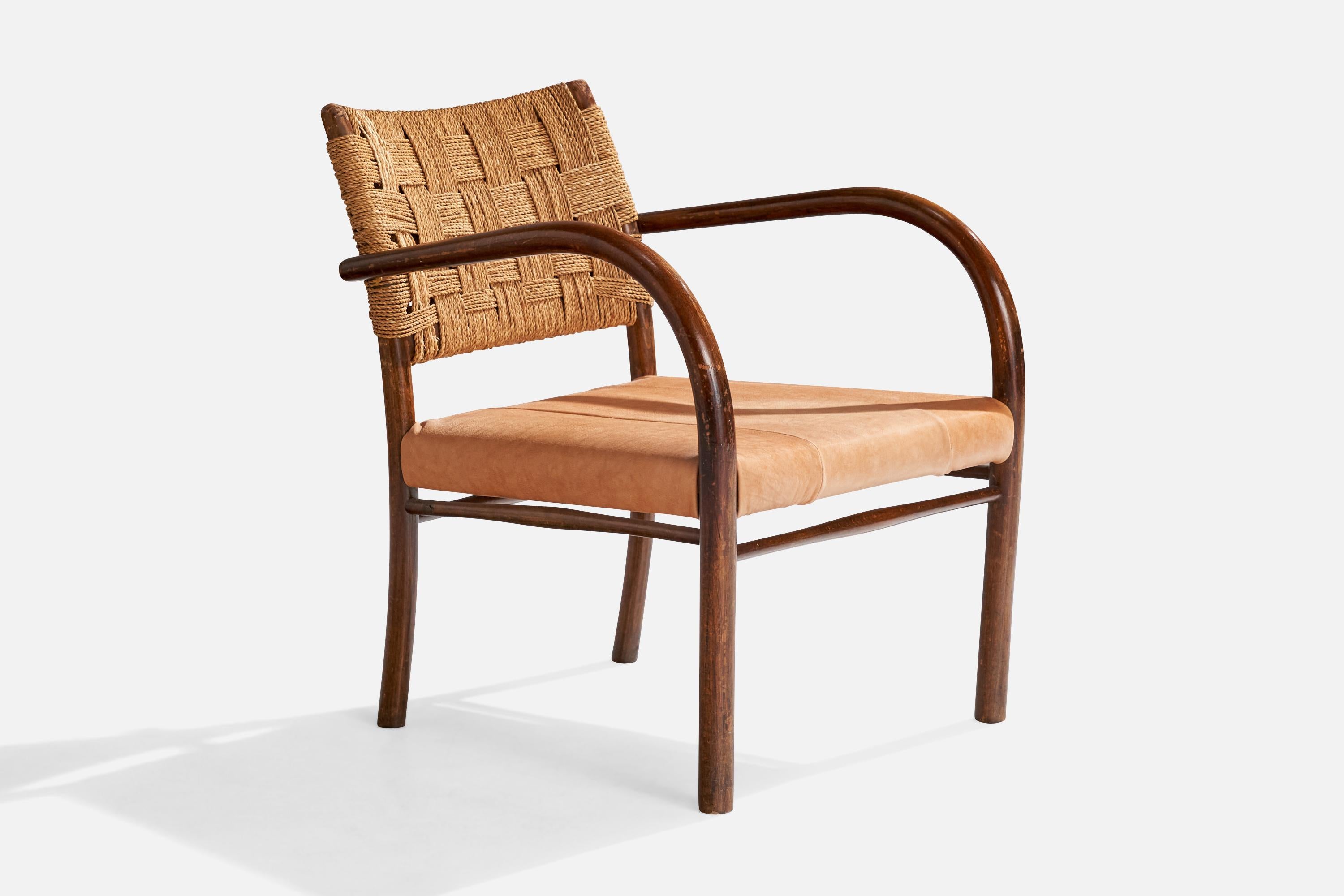 Danish Frits Schlegel, Lounge Chairs, Beech, Sea Grass Cord, Leather, Denmark, 1930s