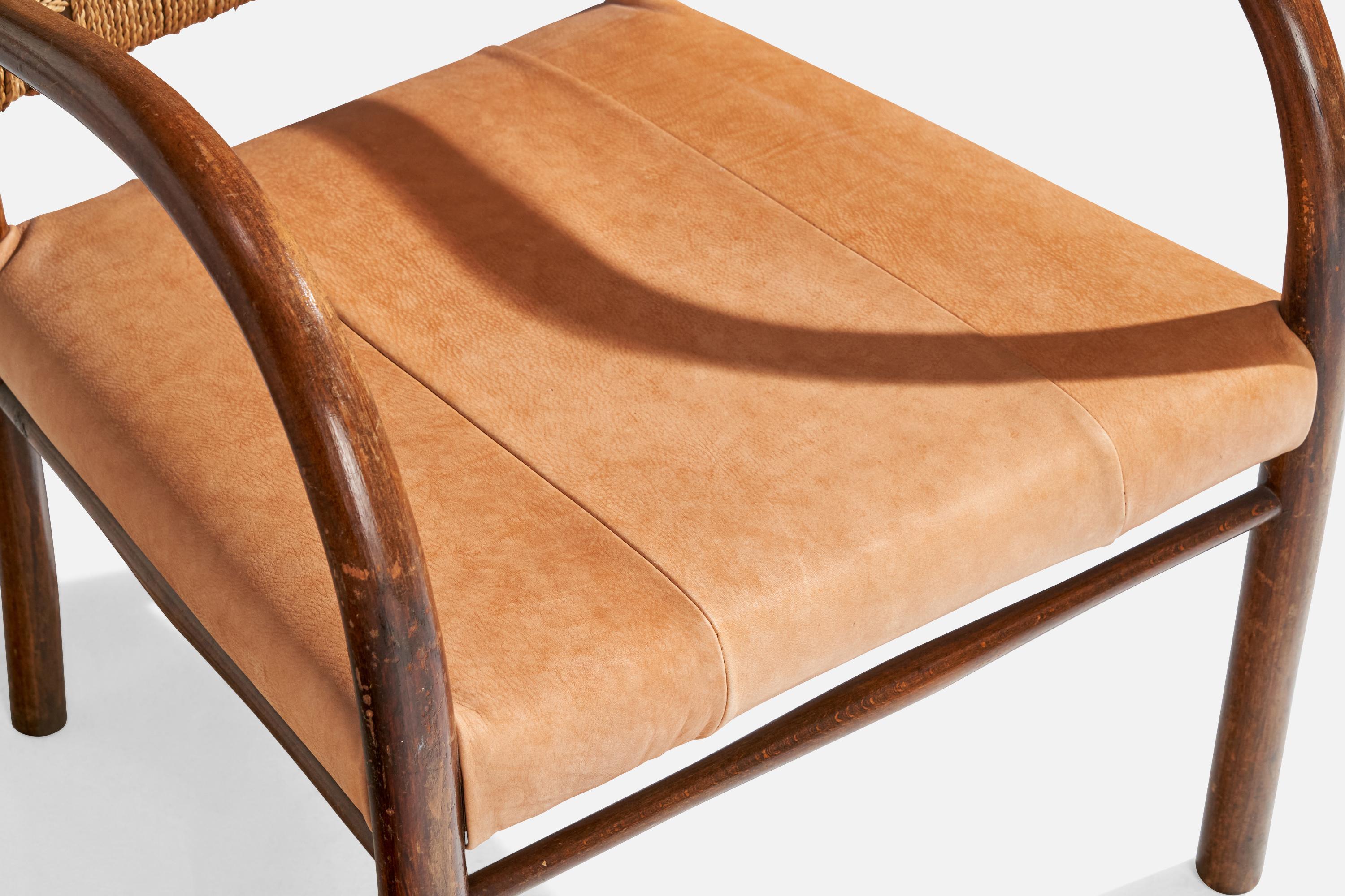 Frits Schlegel, Lounge Chairs, Beech, Sea Grass Cord, Leather, Denmark, 1930s In Good Condition In High Point, NC