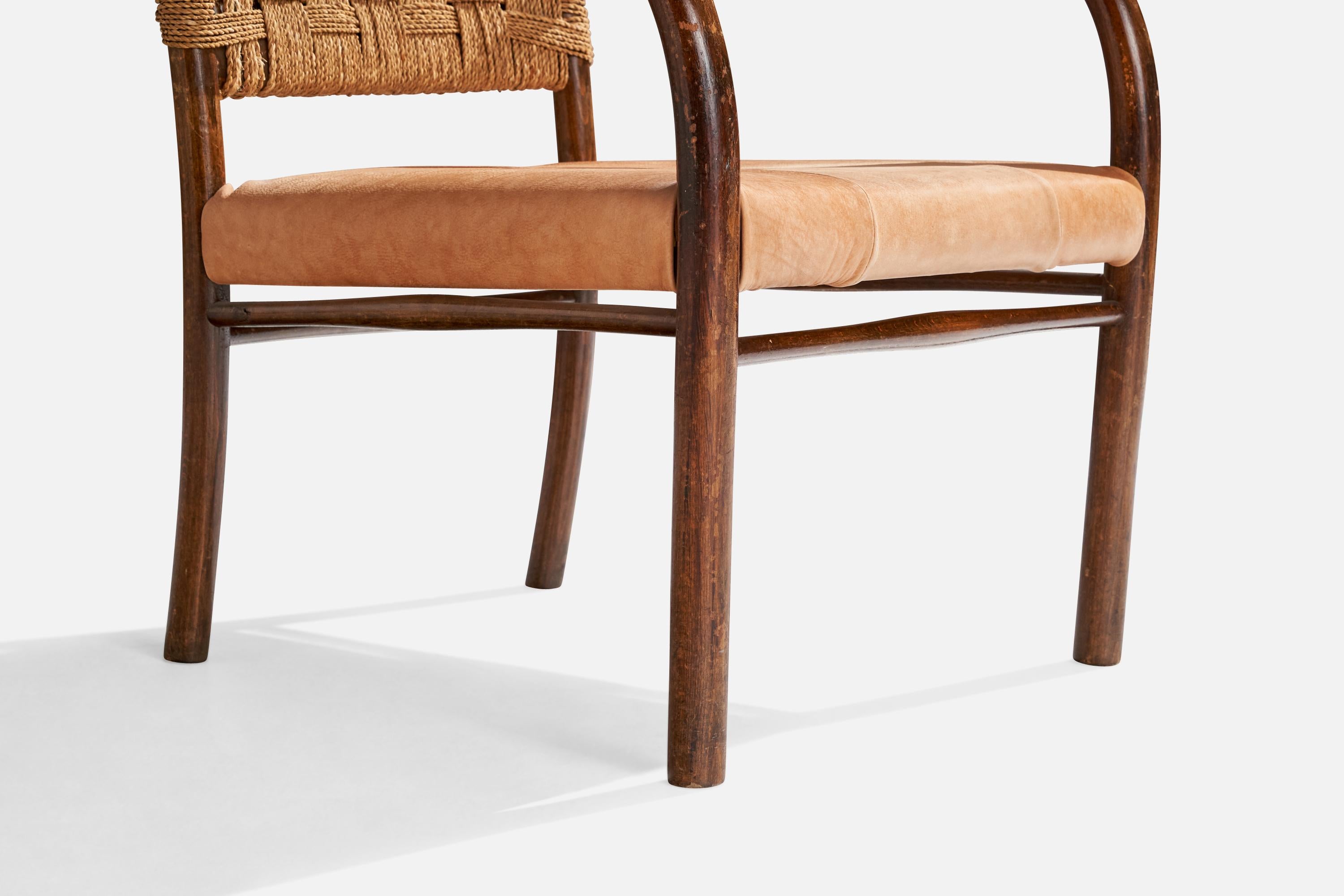 Mid-20th Century Frits Schlegel, Lounge Chairs, Beech, Sea Grass Cord, Leather, Denmark, 1930s