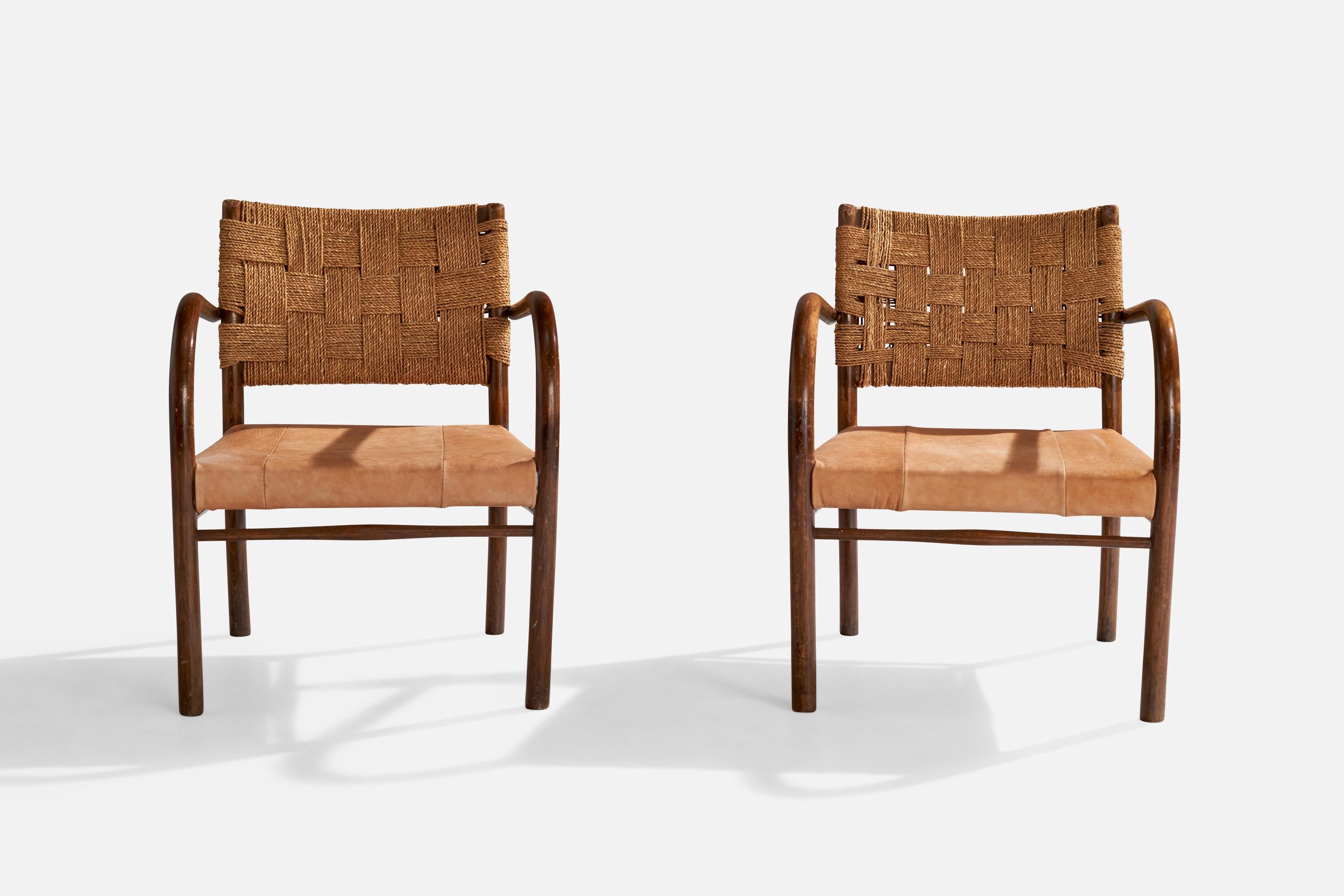 Frits Schlegel, Lounge Chairs, Beech, Sea Grass Cord, Leather, Denmark, 1930s 2