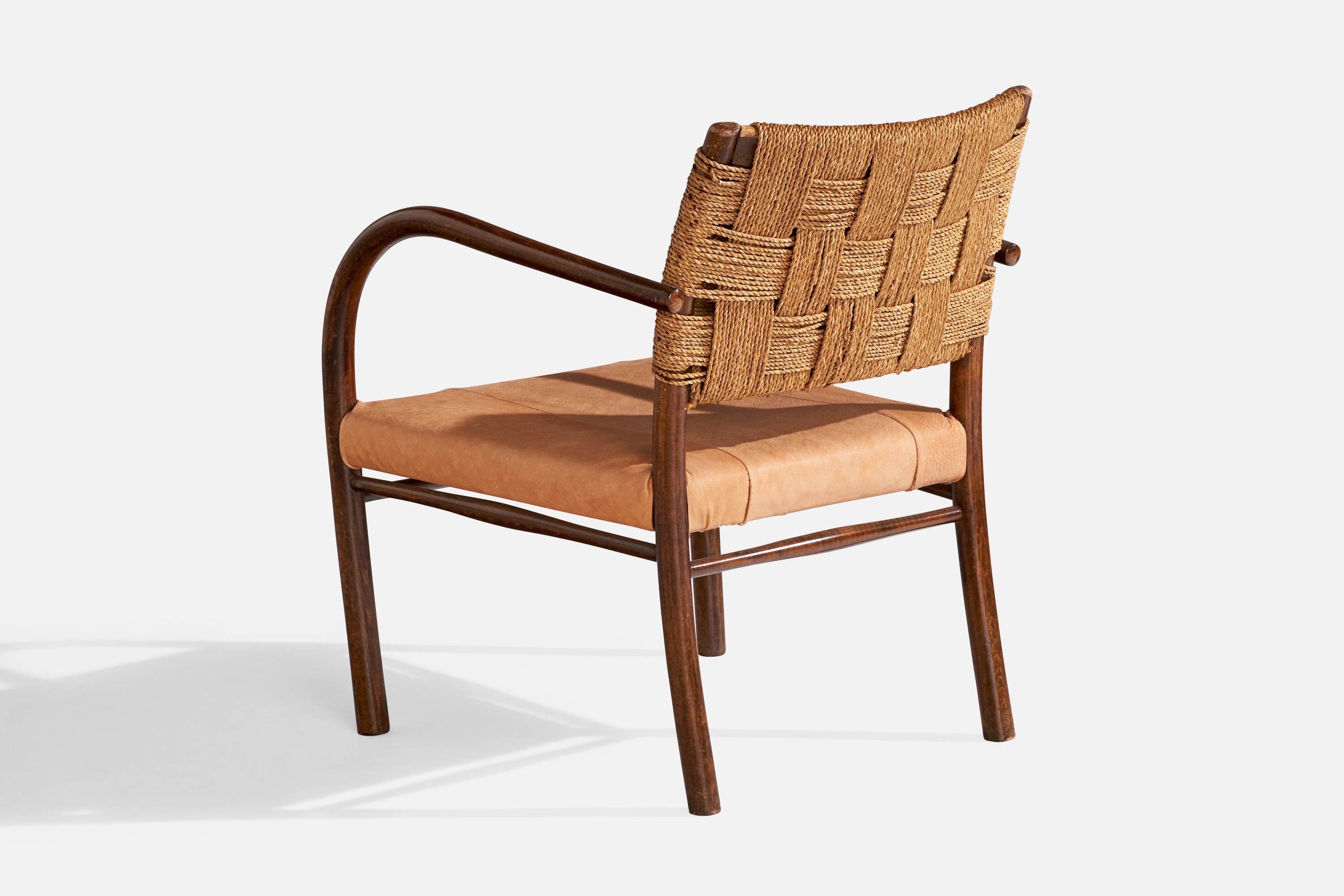 Frits Schlegel, Lounge Chairs, Beech, Sea Grass Cord, Leather, Denmark, 1930s 3