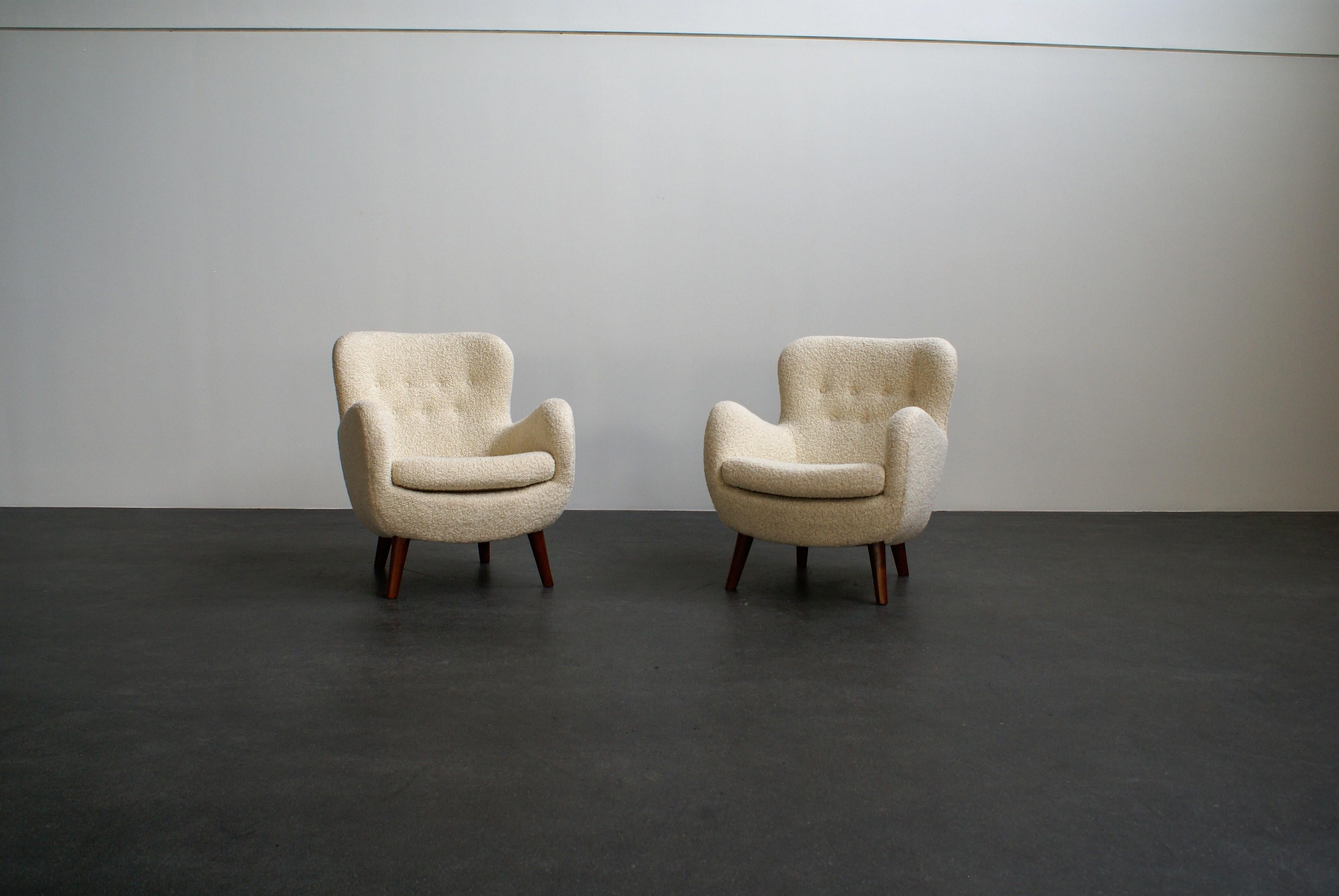 Pair of lounge chairs attributed to Frits Schlegel. Made in Denmark 1940s.

Recently refinished and reupholstered.