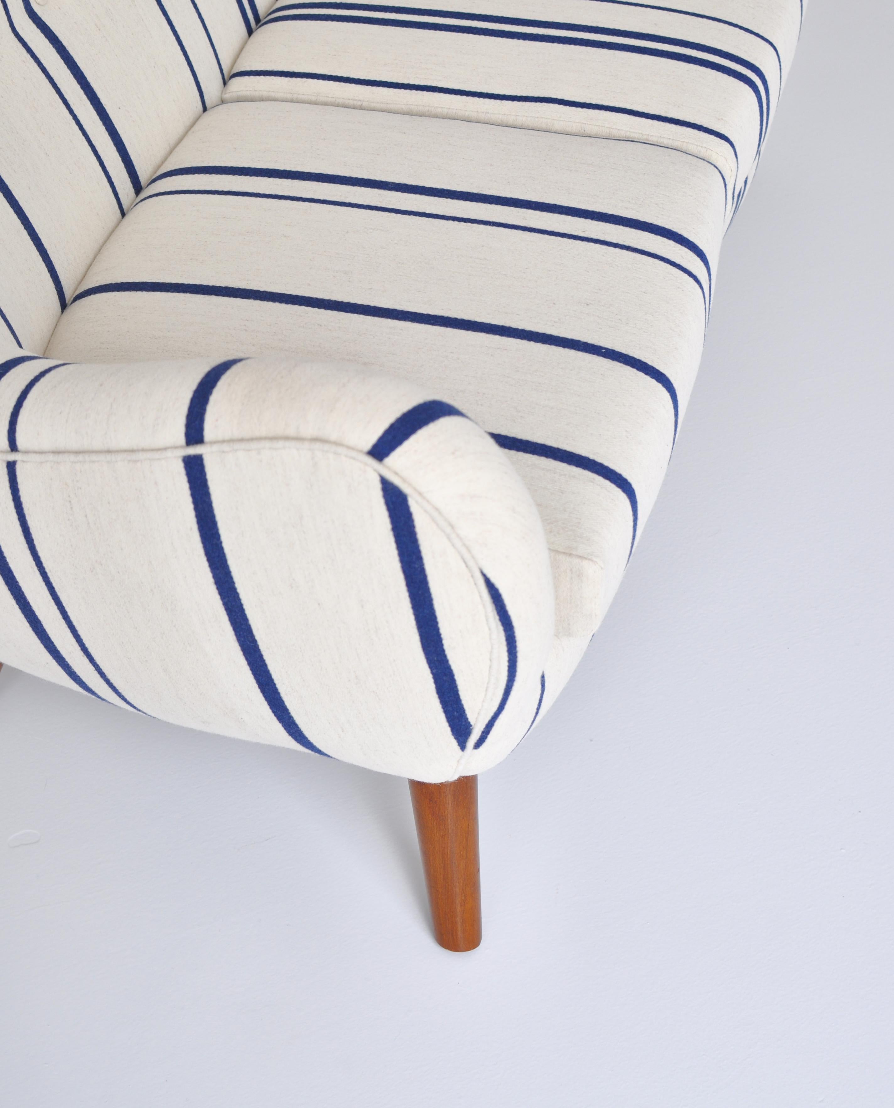 Frits Schlegel Sofa / Settee in Blue Striped Savak Wool, Denmark, 1940s 1